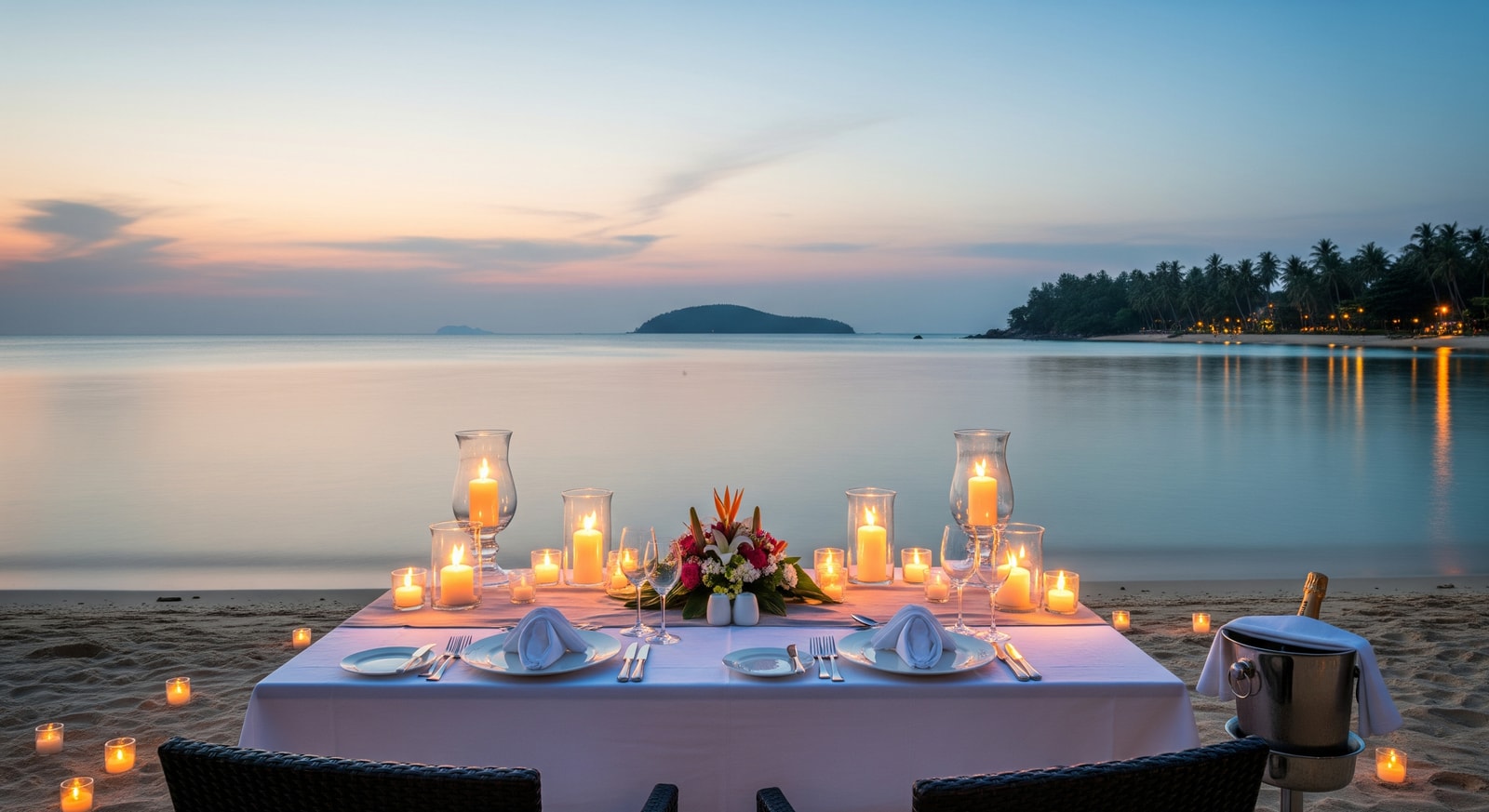 Candlelit beachfront dinner setup in Phuket with calm sea views for Valentine's Day
