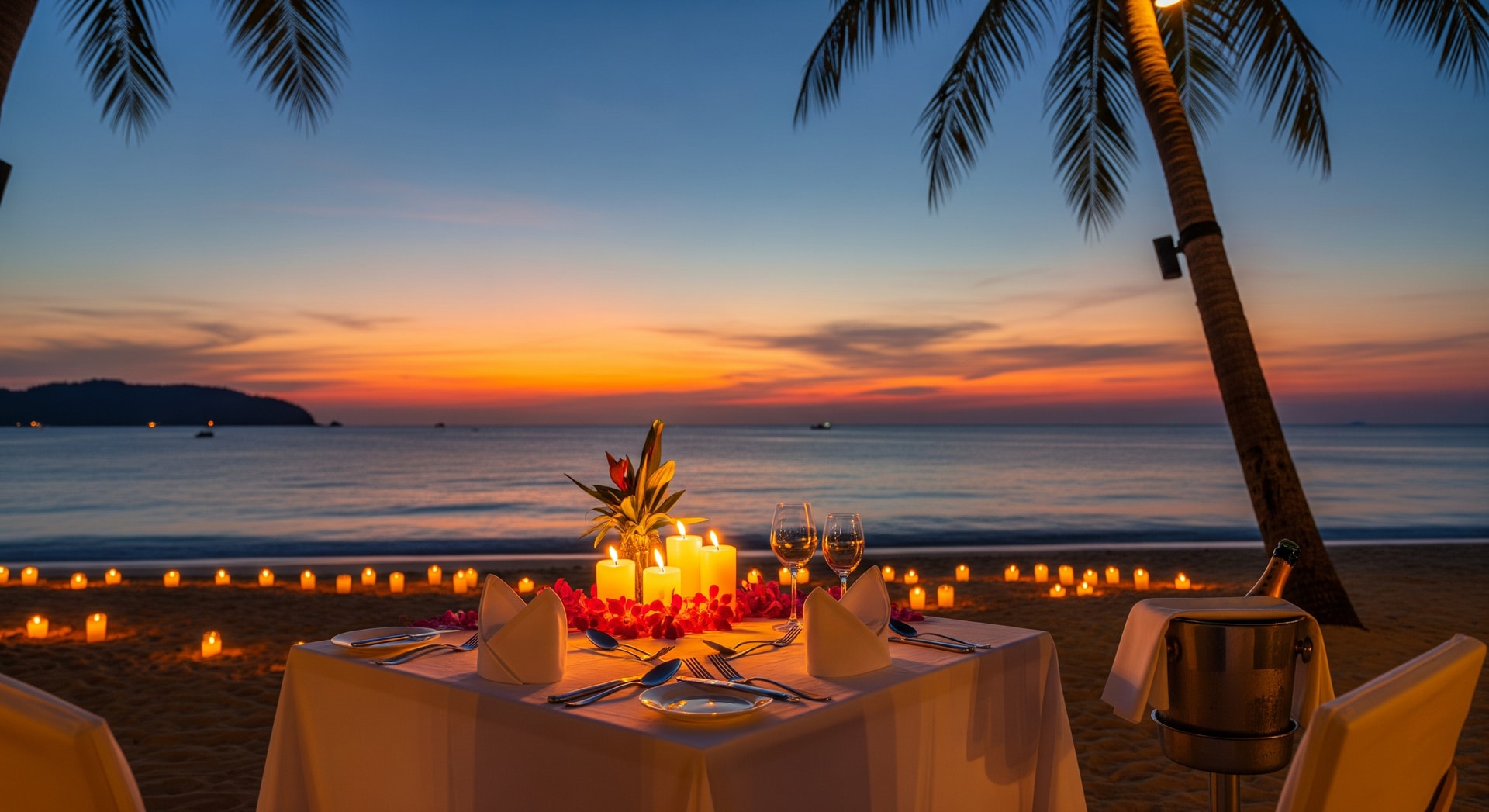 Couple enjoying a candlelit dinner by the beach in Thailand for Valentine's Day