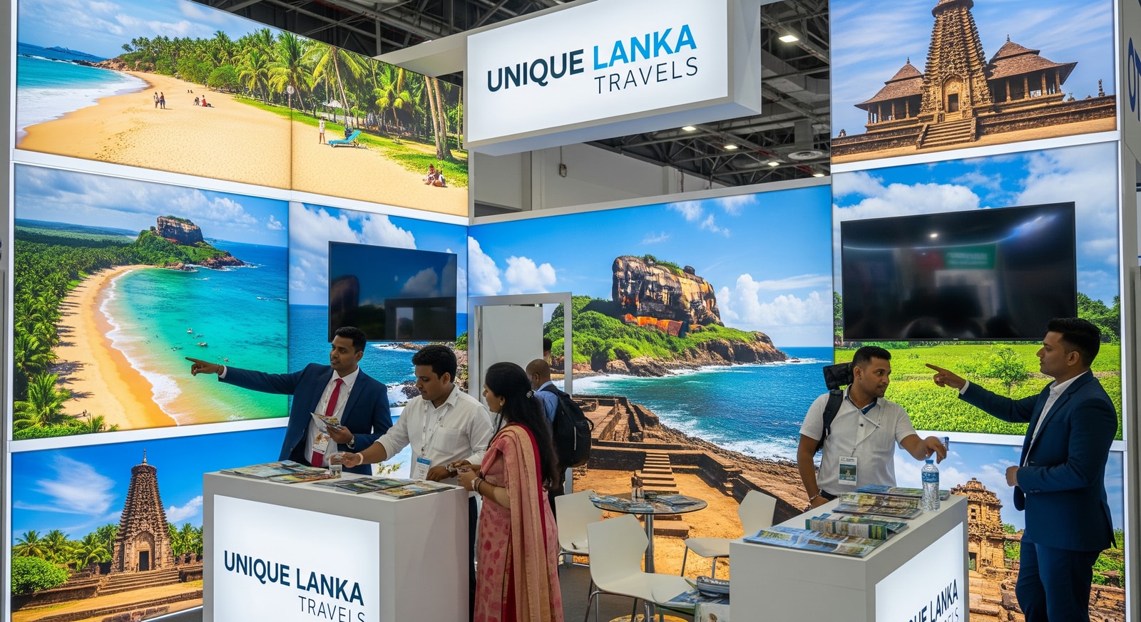 Unique Lanka Travels booth at OTM 2026 promoting Sri Lanka tourism with visuals of beaches and heritage sites