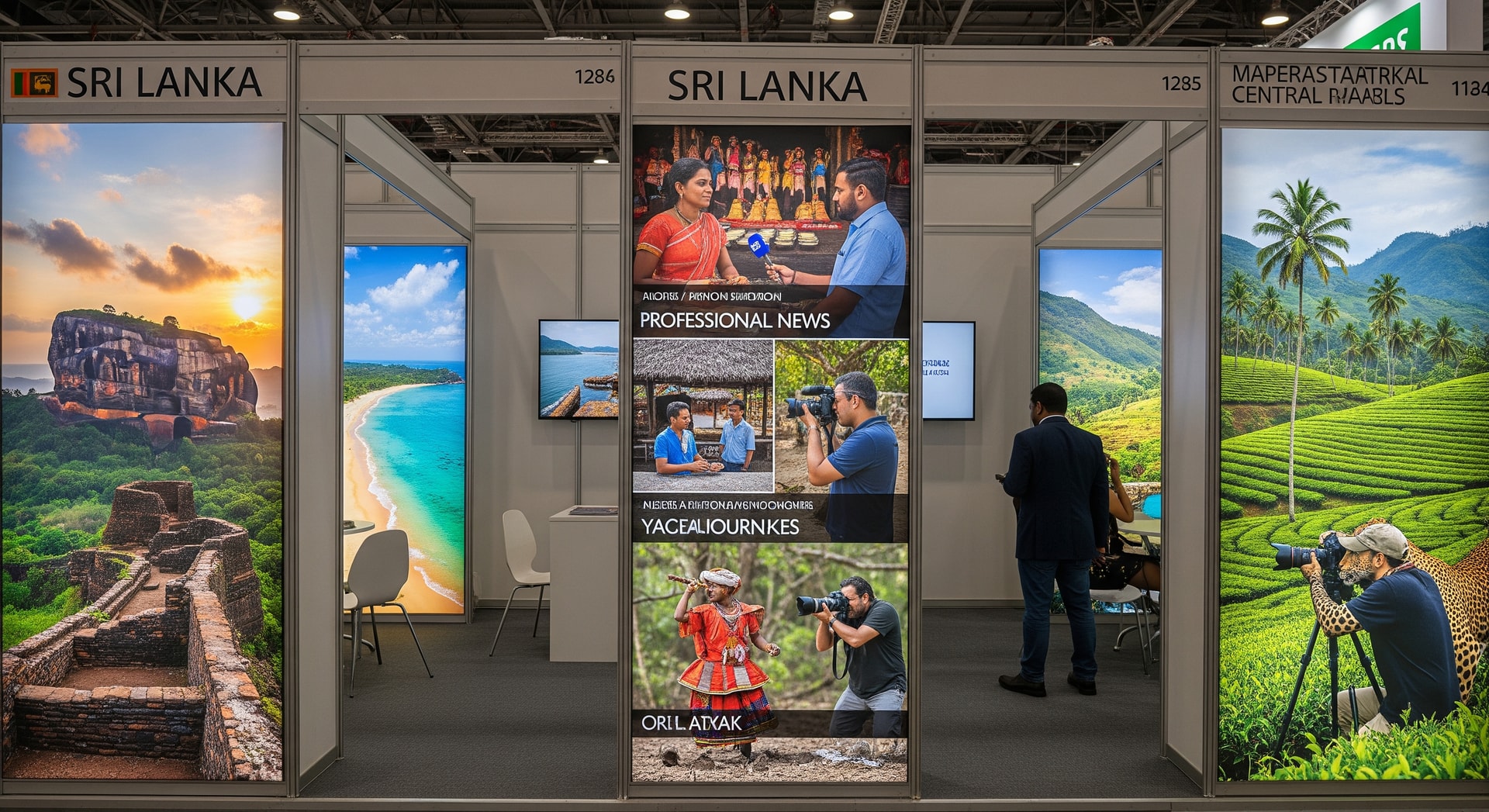 Promotional booth for Sri Lanka at a trade show showcasing tourism landscapes