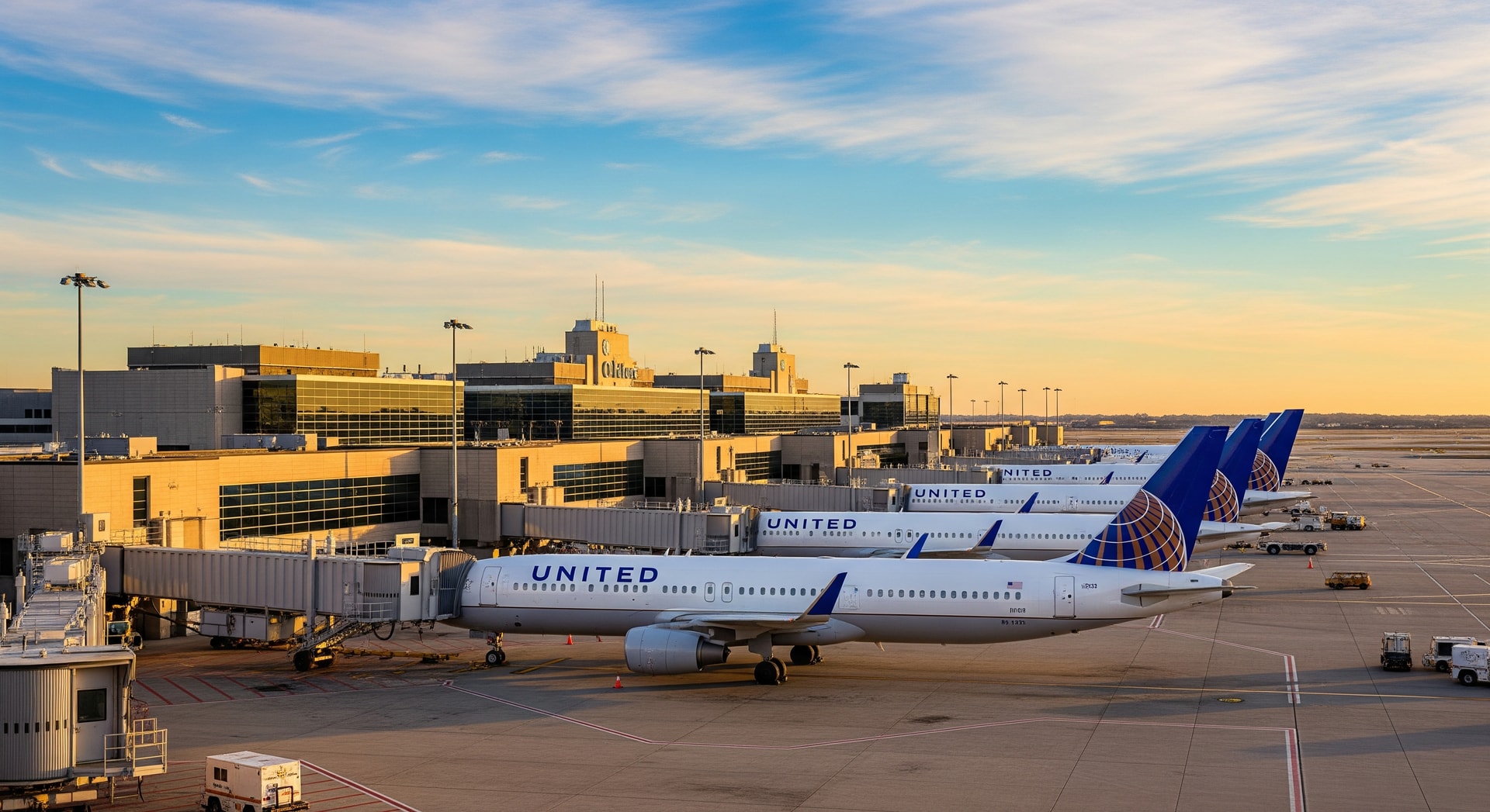 United Airlines planes at Chicago O'Hare airport with terminal and jetways in view
