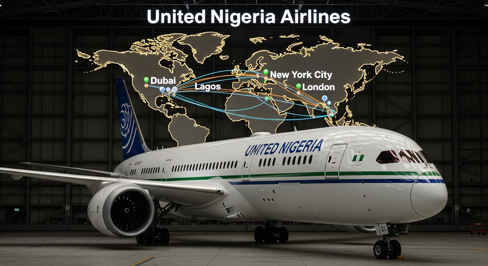 United Nigeria Airlines aircraft with new routes to Dubai, New York and London on the route map