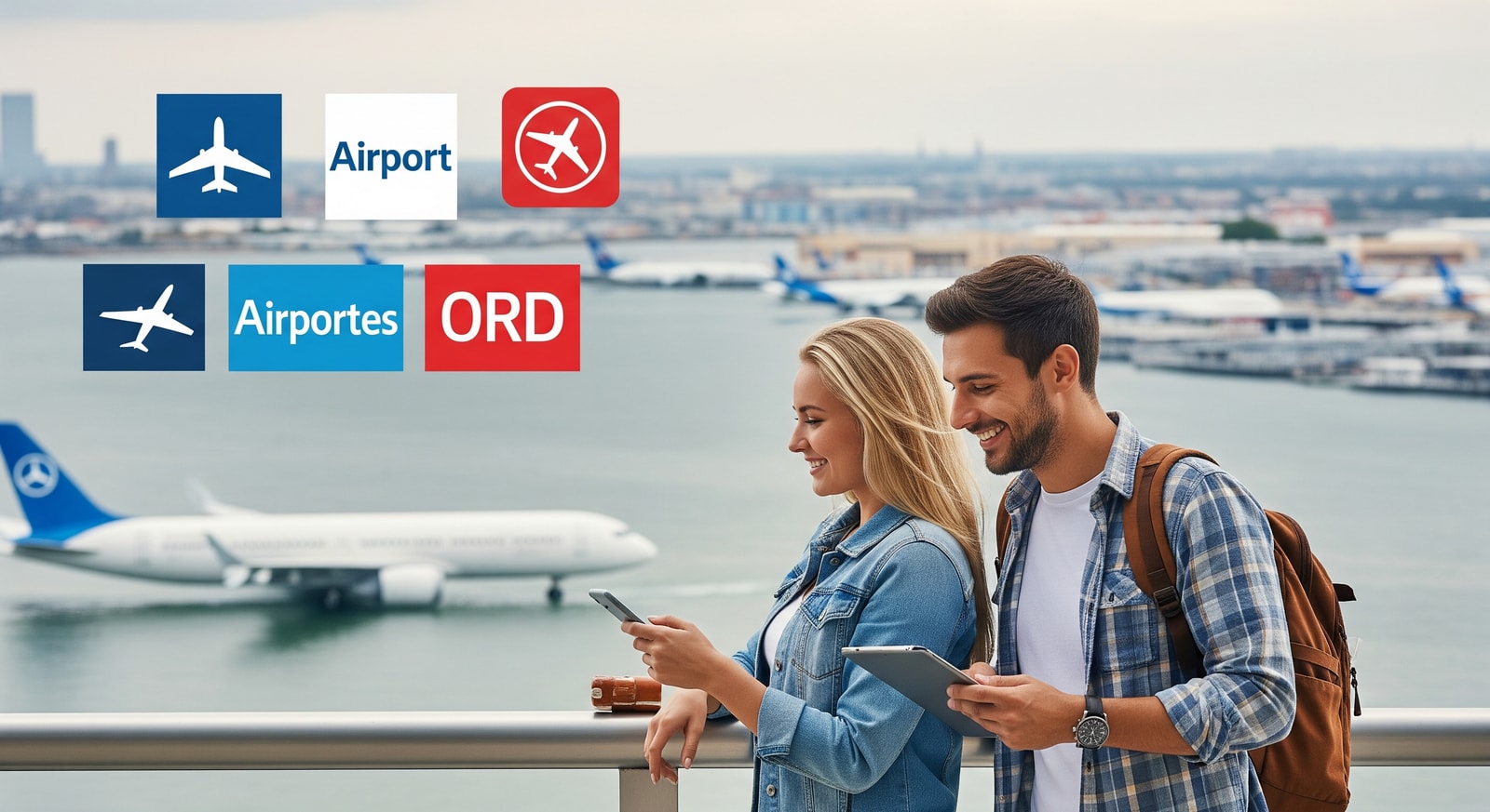 Couple checking flight deals on a mobile device with airport and airline logos in the background