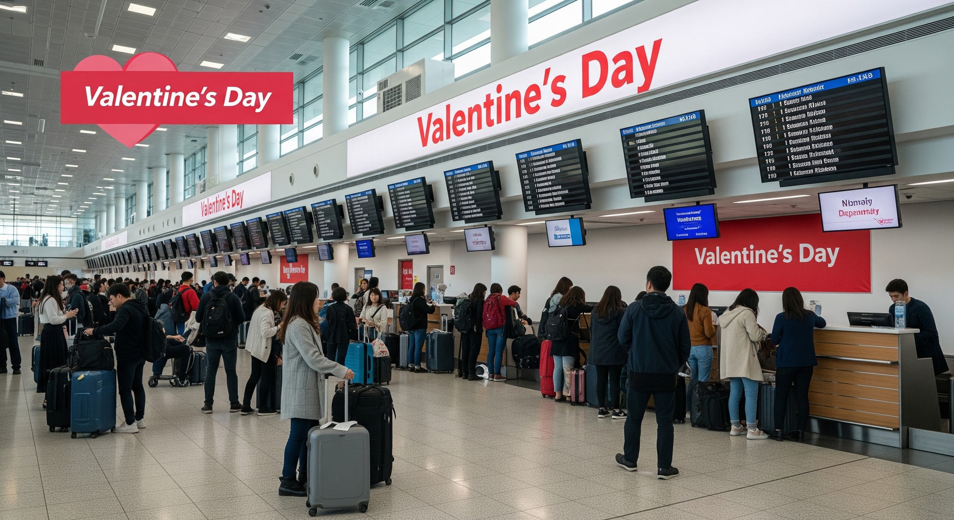 Passengers checking in for Valentine’s Day flight deals at an airport departure hall