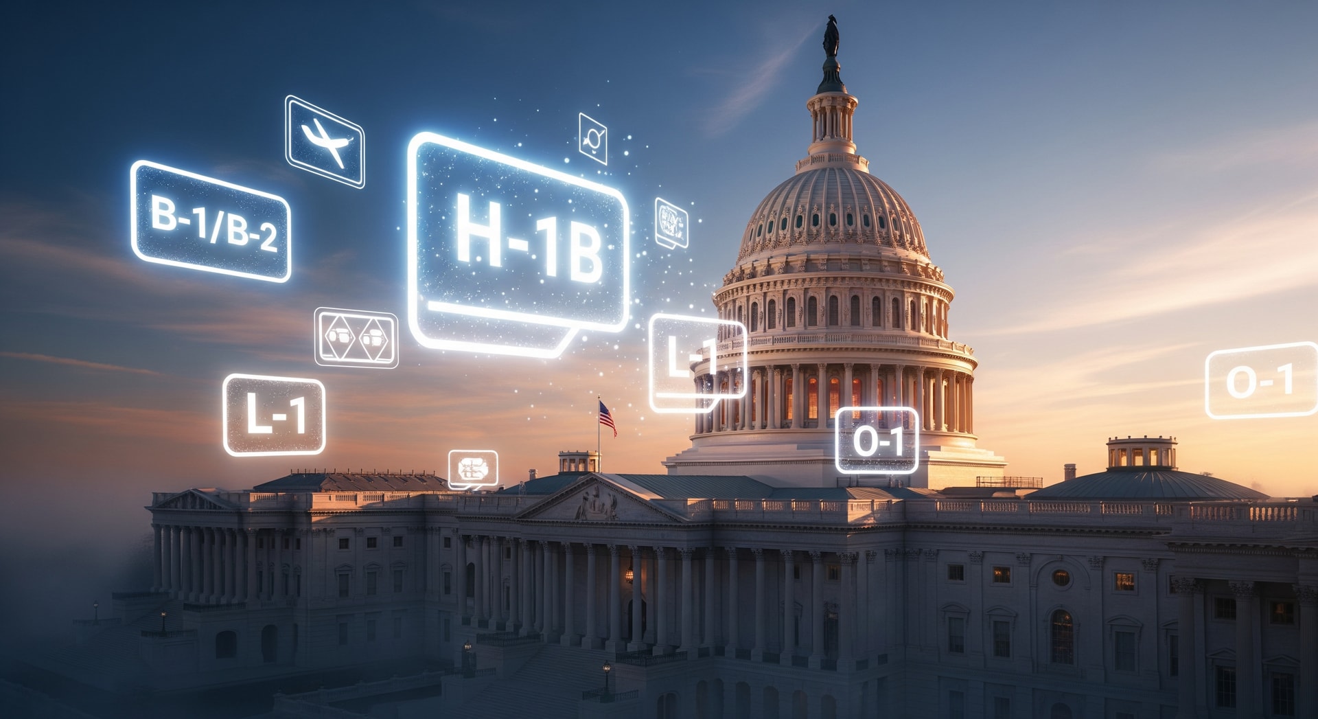 U.S. Capitol building with travel and work visa icons, representing H-1B visa policy changes