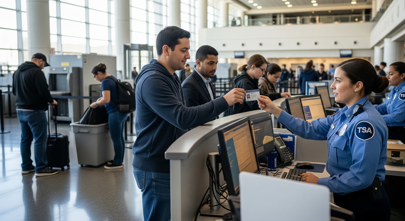 U.S. airport TSA checkpoint where travelers present identification for screening and verification