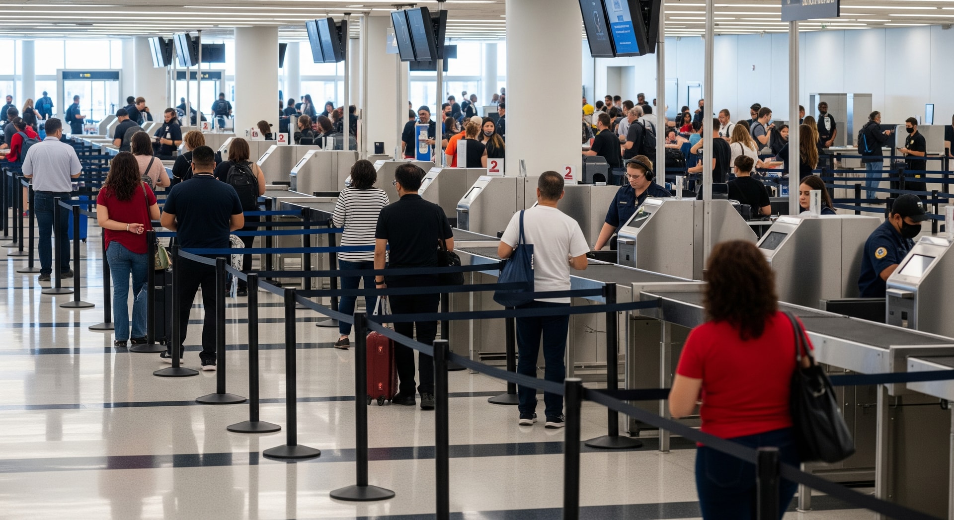 Airport security checkpoint in the United States with passengers queueing for ID verification