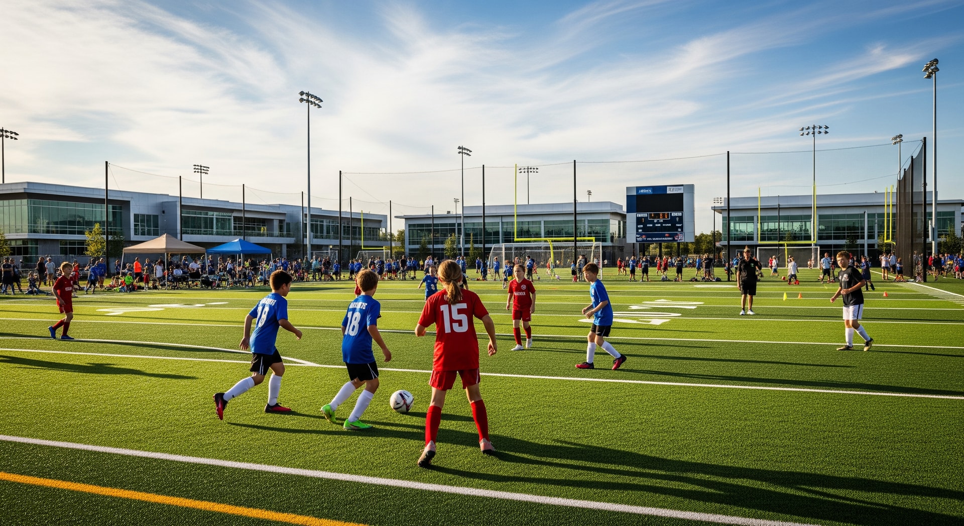 Youth sports tournament at a modern multi-field sports complex in the United States