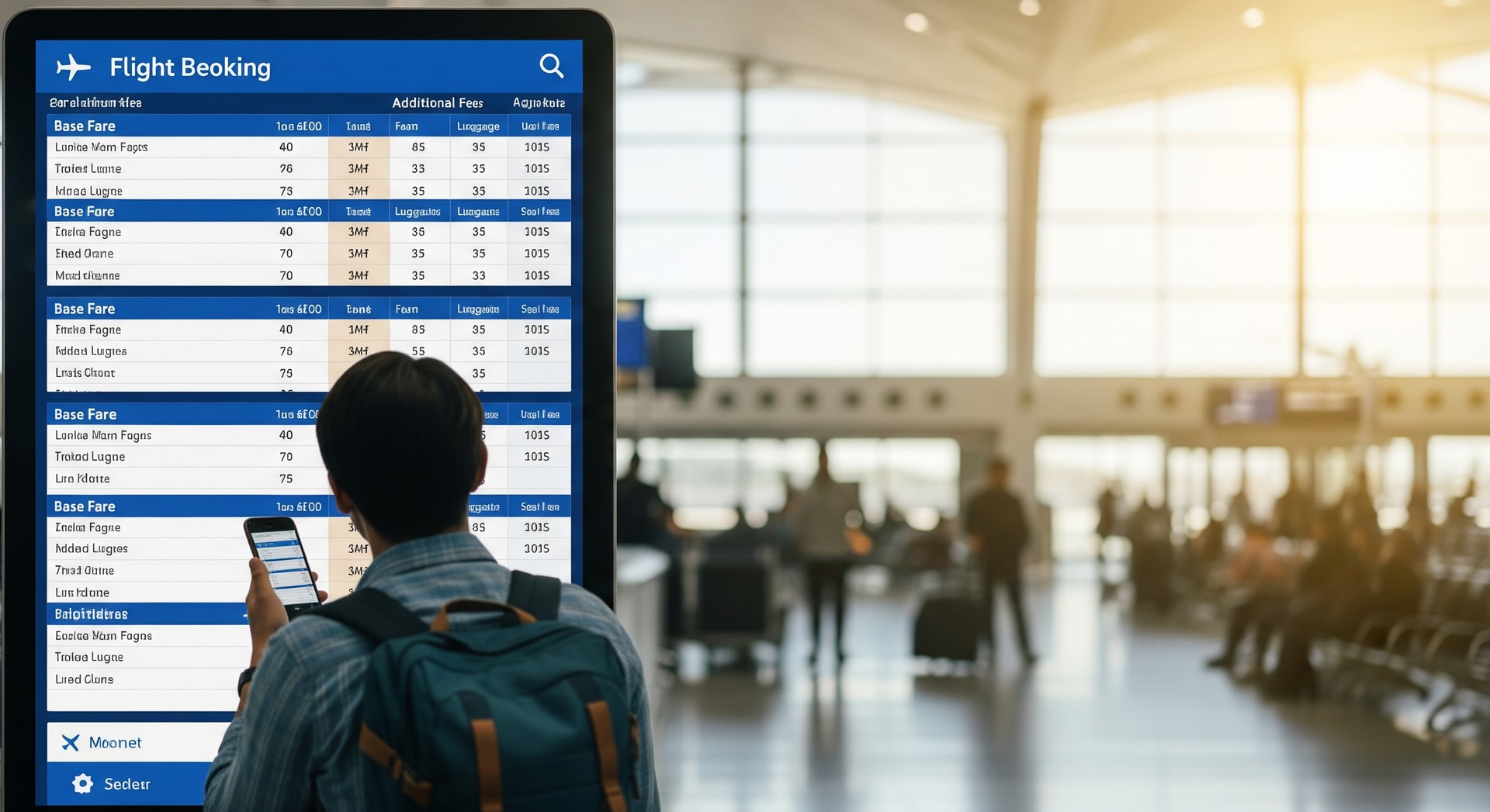A traveler looks at flight prices on a booking screen showing base fare and additional fee options