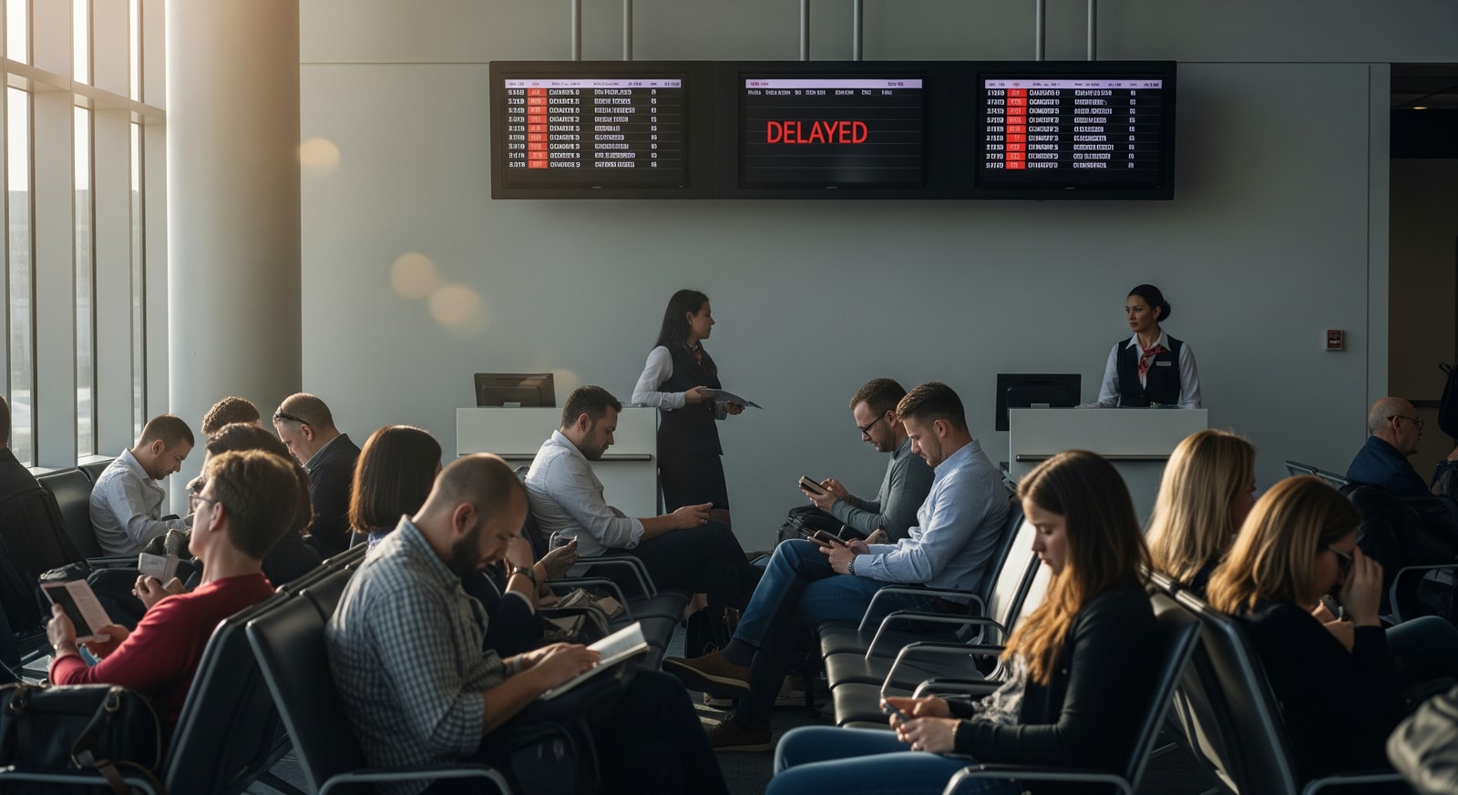 Passengers waiting at a busy airport gate with flight information screens showing delays