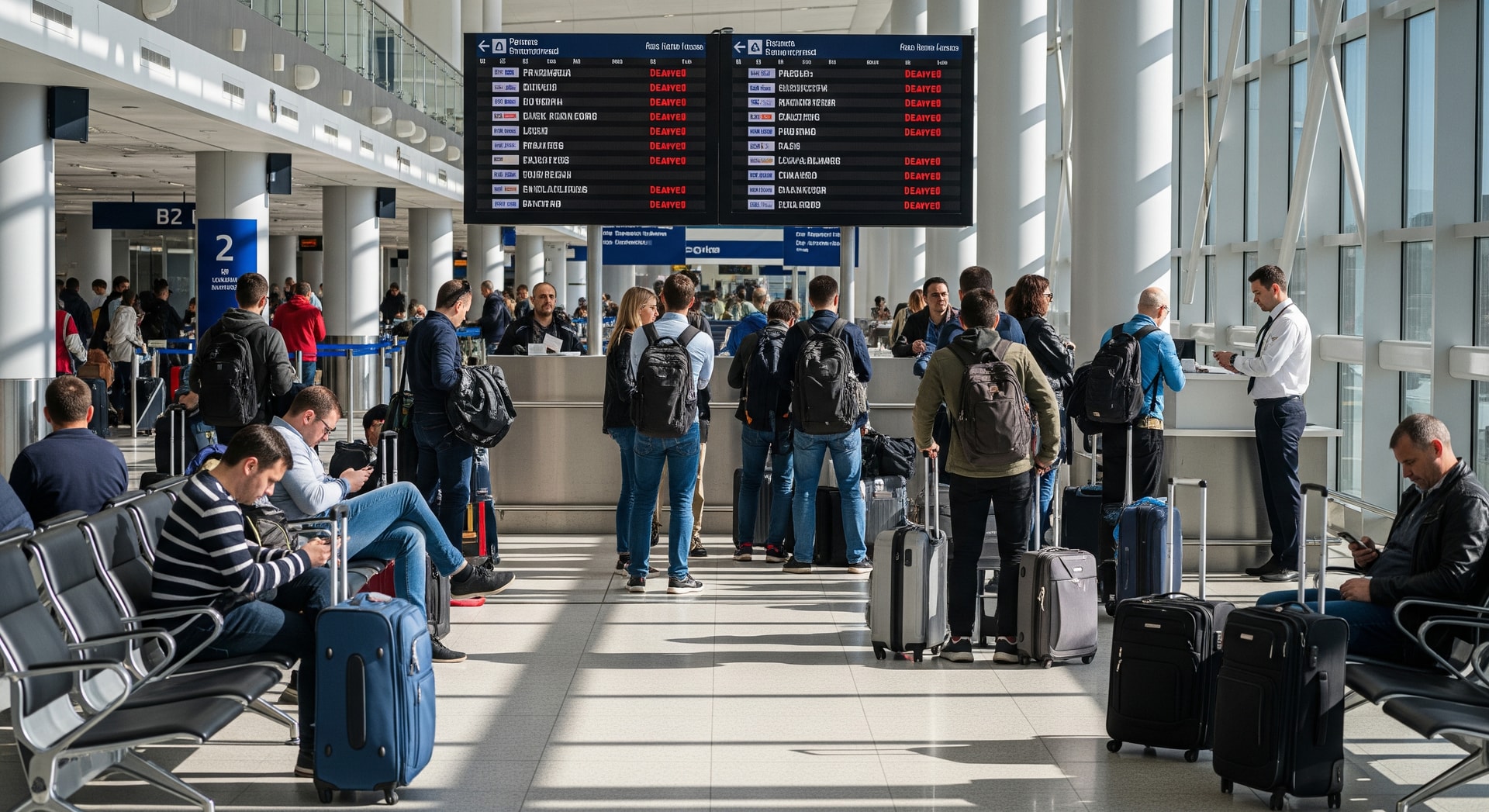 Busy airport terminal with delayed flight departures and passengers checking screens
