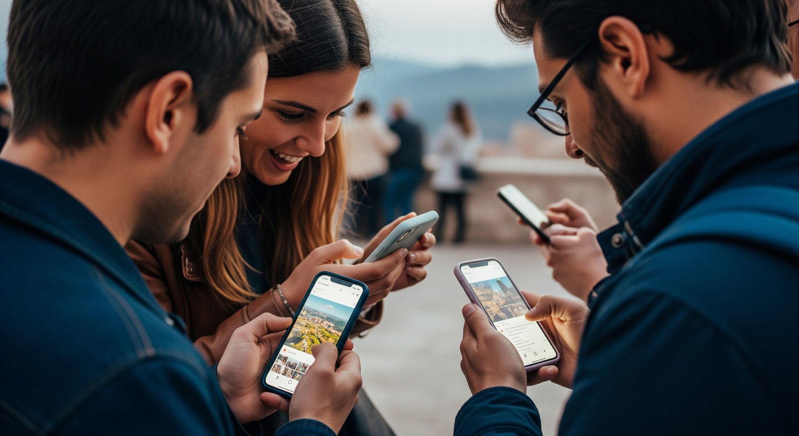 Tourists engaging with social media content on smartphones, highlighting Meta platforms in travel marketing