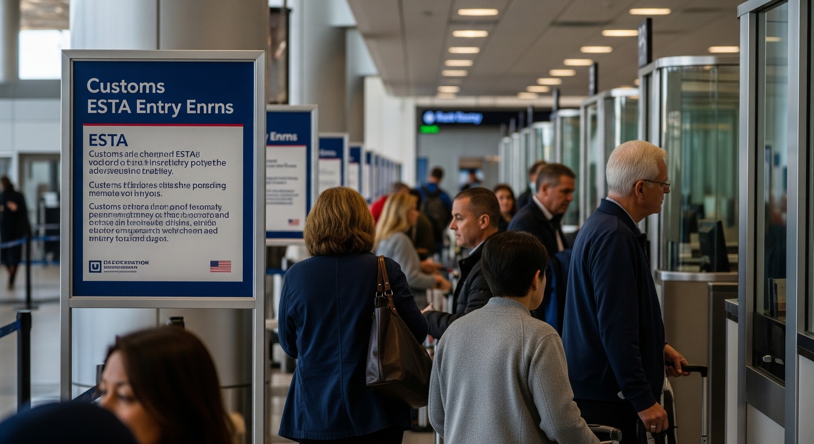 Travellers at a US airport with entry and customs signs highlighting ESTA policy concerns