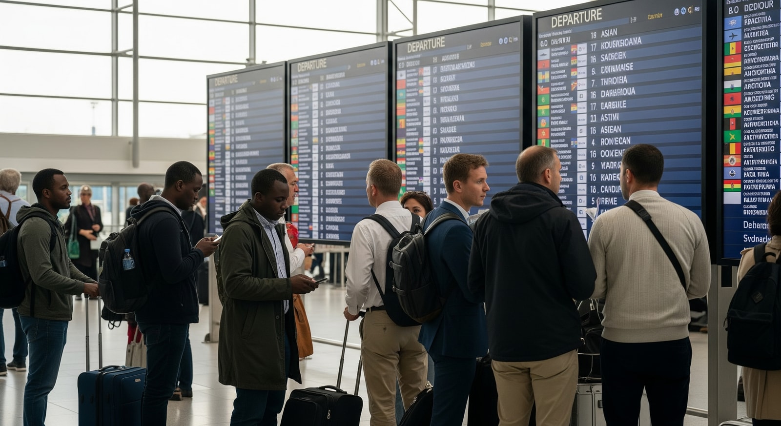 Passengers checking flight information at an international airport, reflecting shifts in travel from African markets to alternative destinations