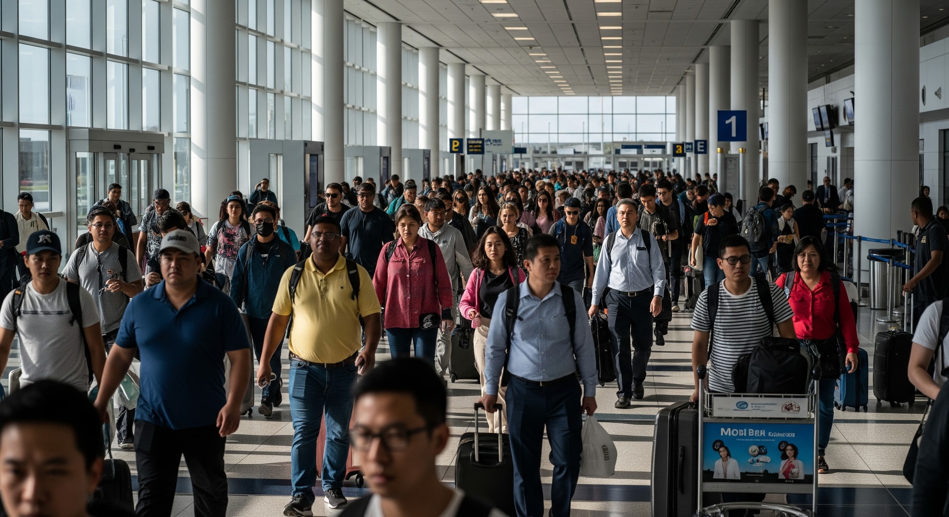 Airline passengers at a U.S. international arrivals terminal, illustrating shifts in global travel flows
