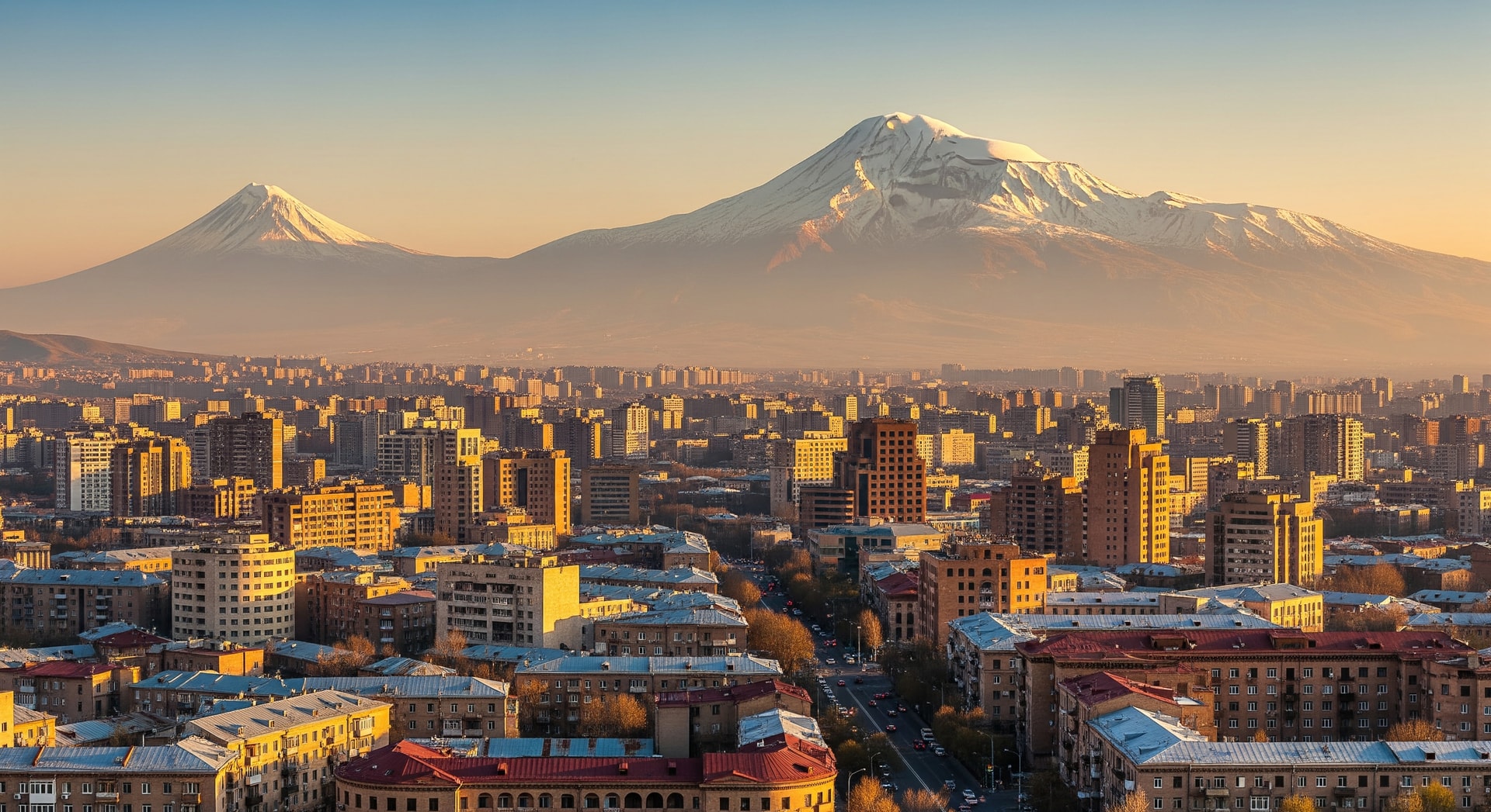 View of Yerevan cityscape with Mount Ararat in the distance