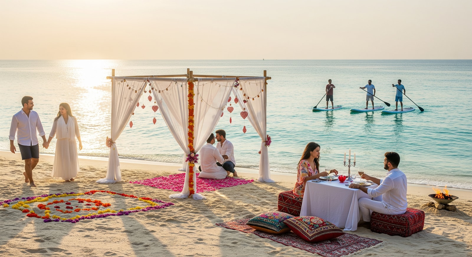 Romantic beach scene representing Valentine's Day escapes from India with clear waters and couples' activities