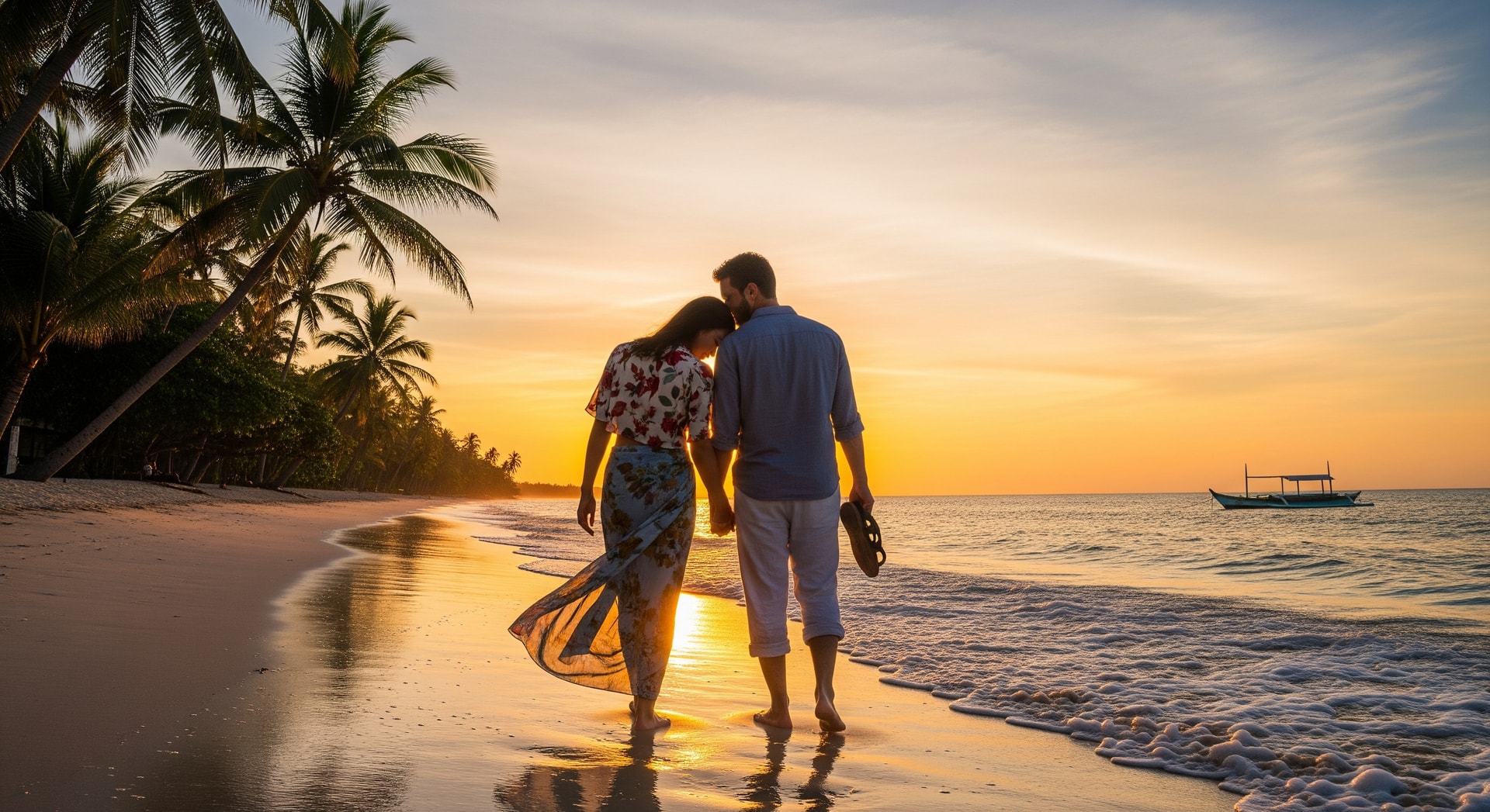 Couple walking on a tropical beach symbolising Valentine's Day escapes from India