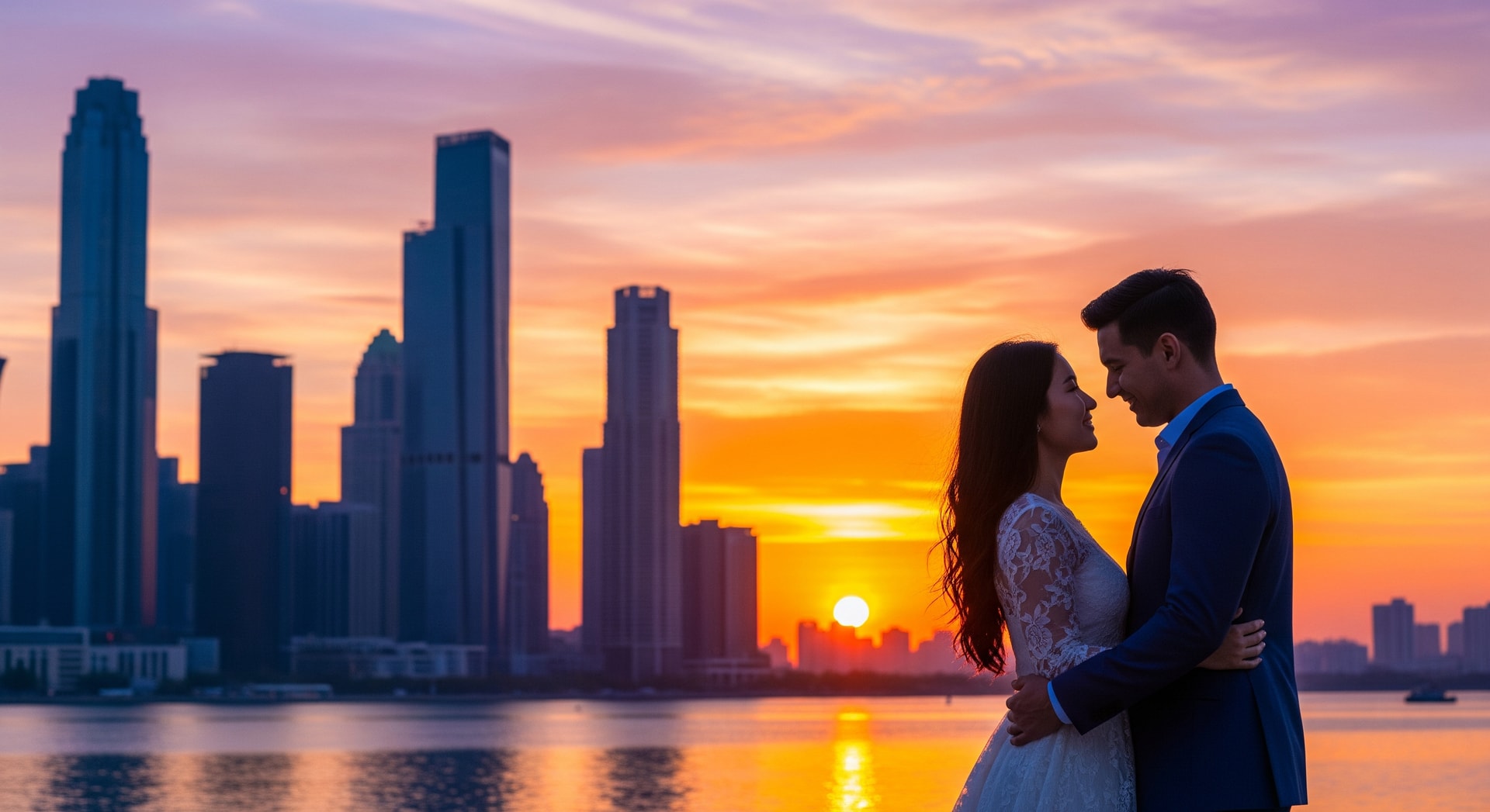 Couple enjoying a sunset over a city skyline, representing Valentine's Day travel trends
