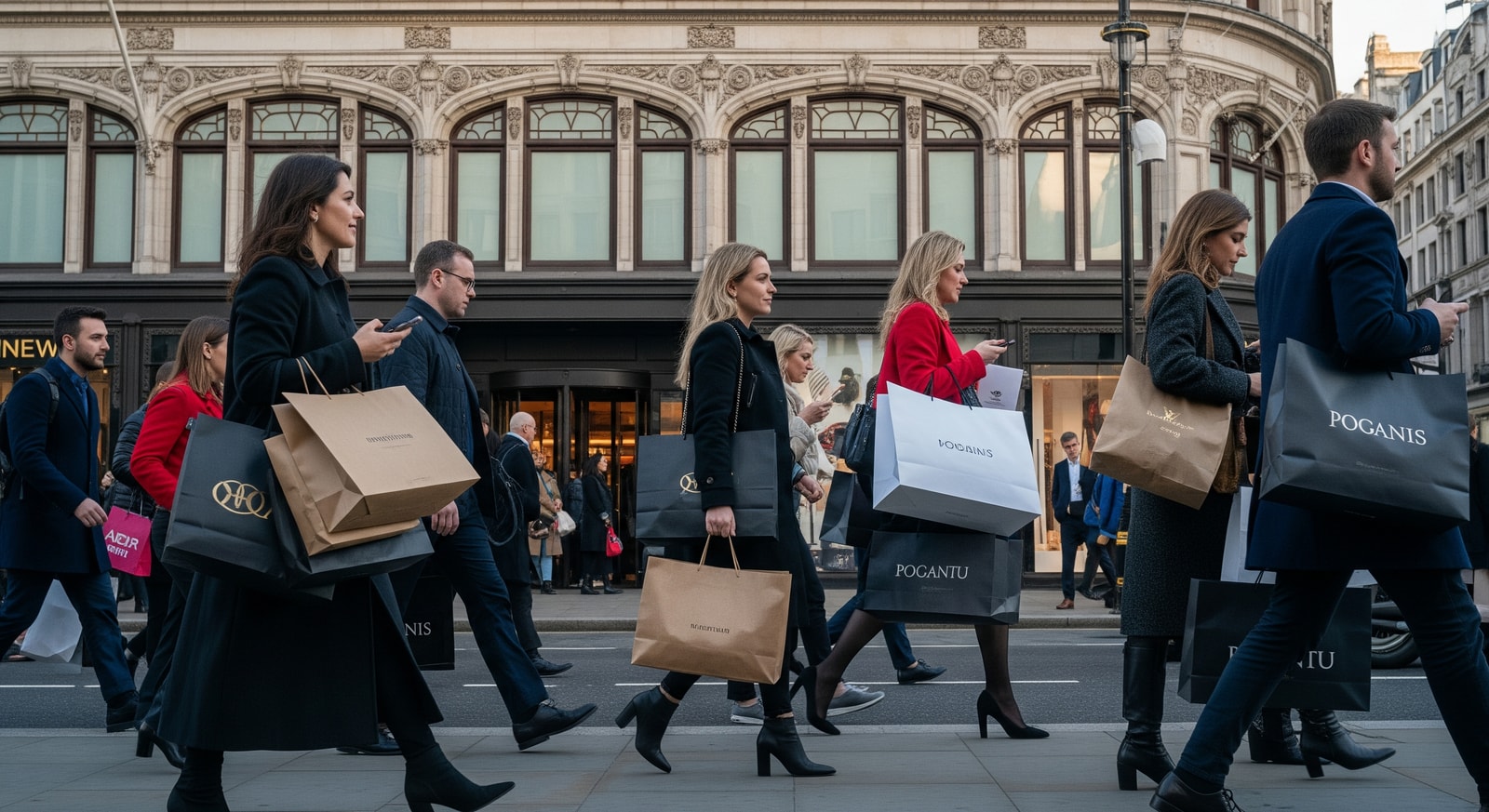 Shoppers carrying bags outside a London department store, illustrating VAT-free shopping and UK retail demand