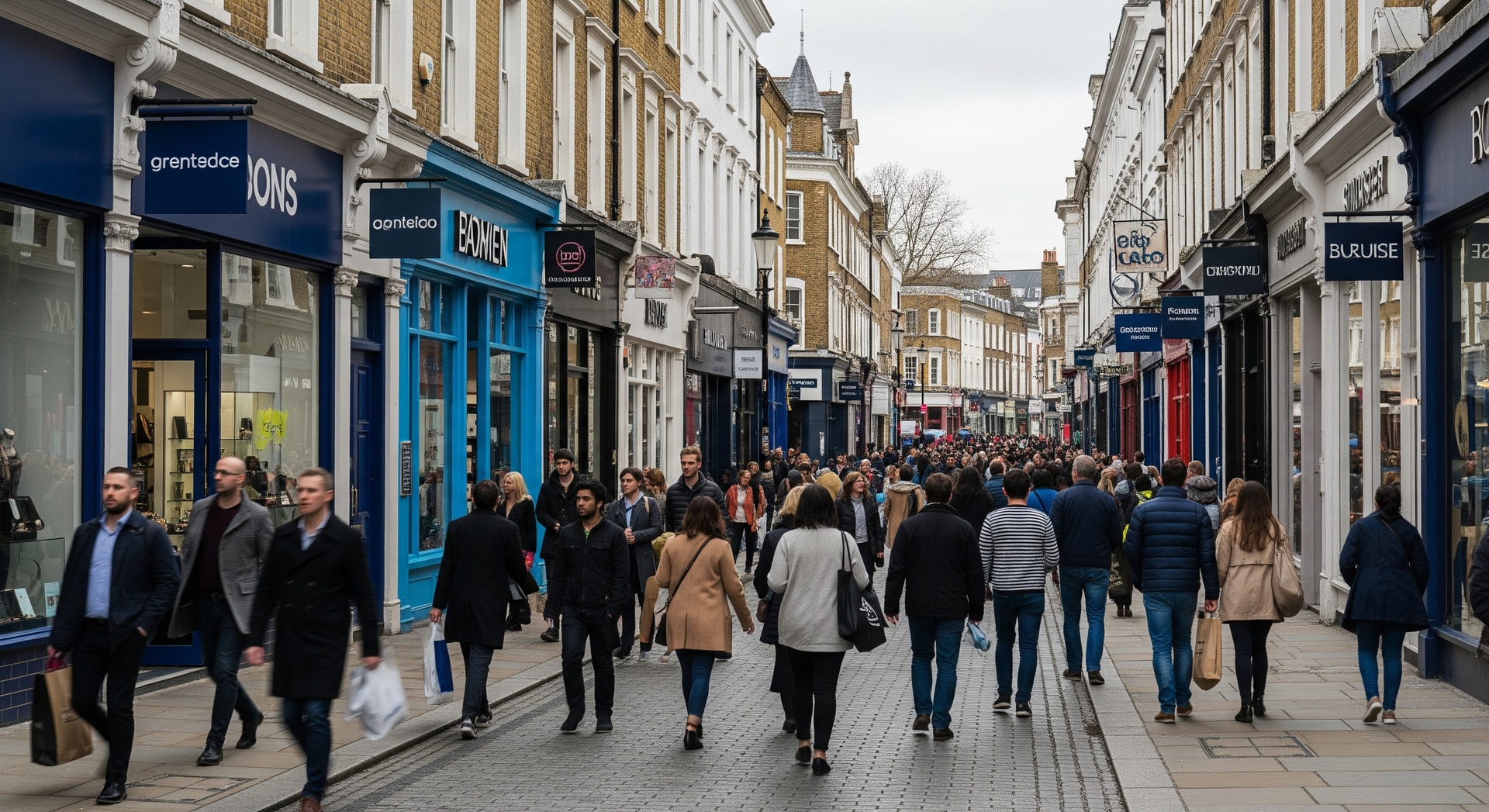 Shoppers on a busy London high street framed by retail storefronts