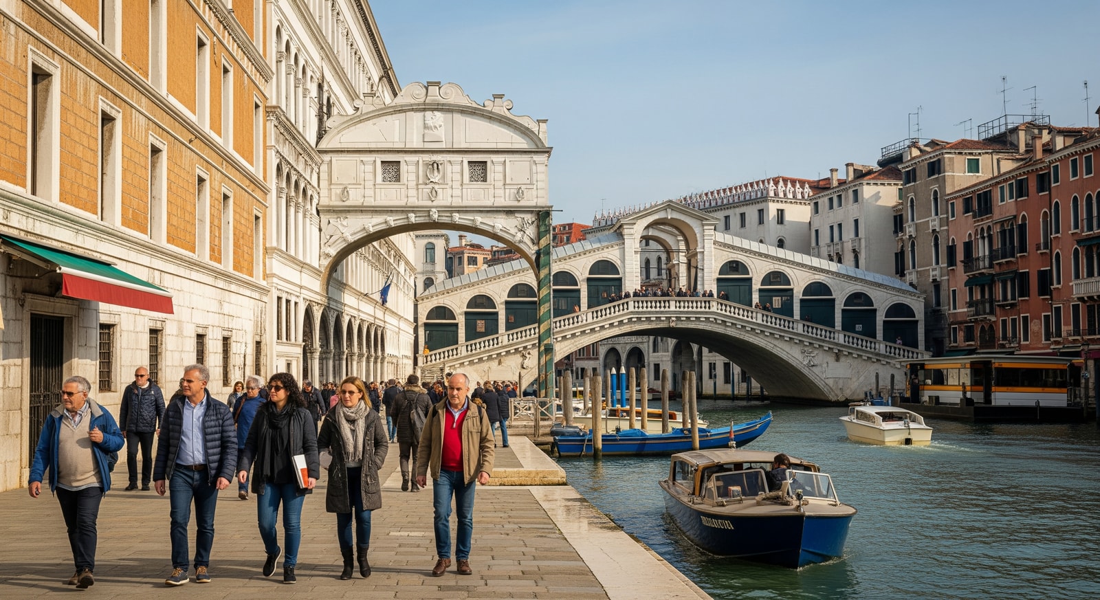 Tourists along a Venetian canal near Rialto Bridge during the cultural season, illustrating Venice 2026 sustainable tourism measures