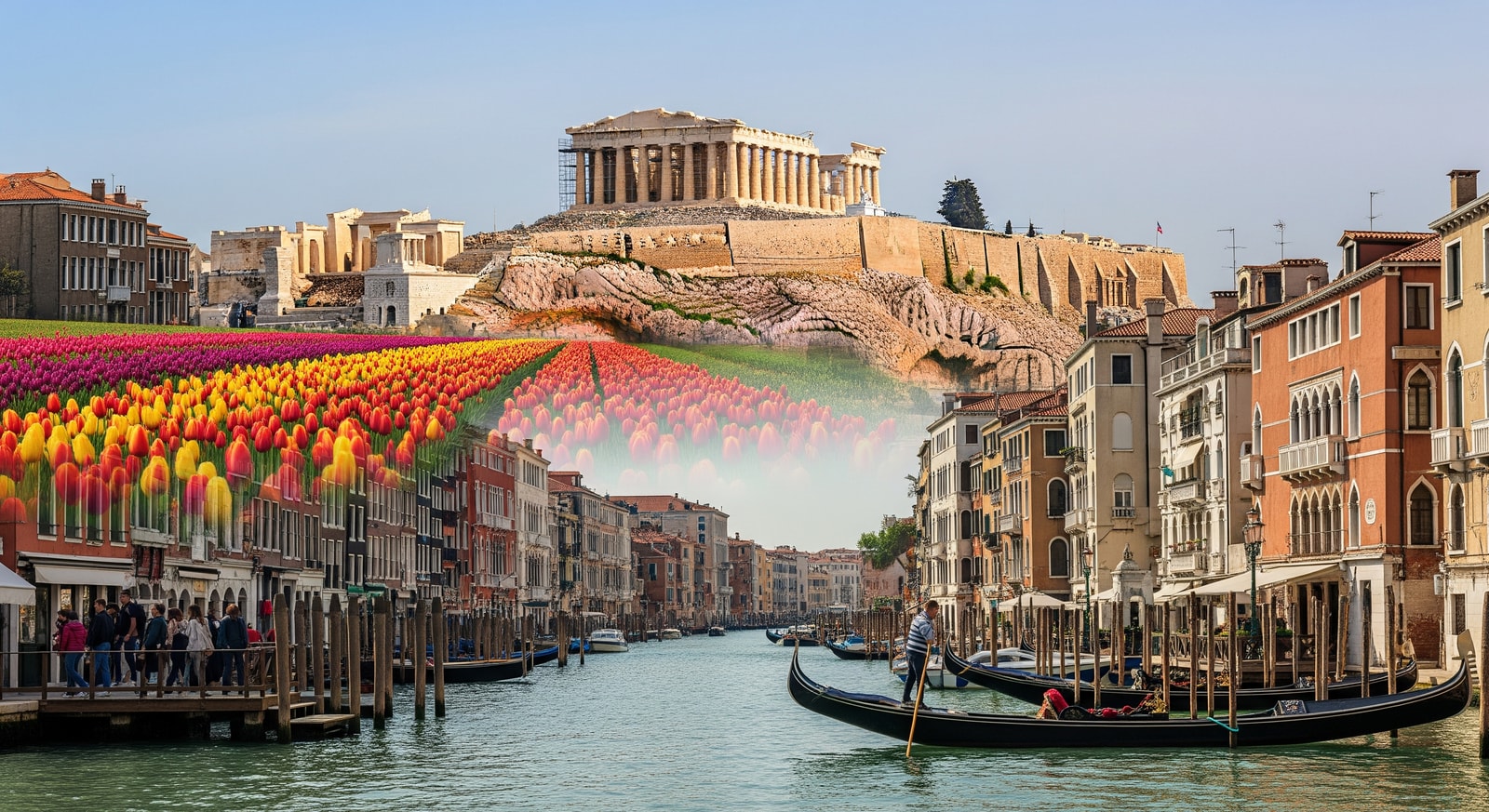 Travelers walking past canal in Venice with gondolas, tulip fields in Amsterdam and the Acropolis visible