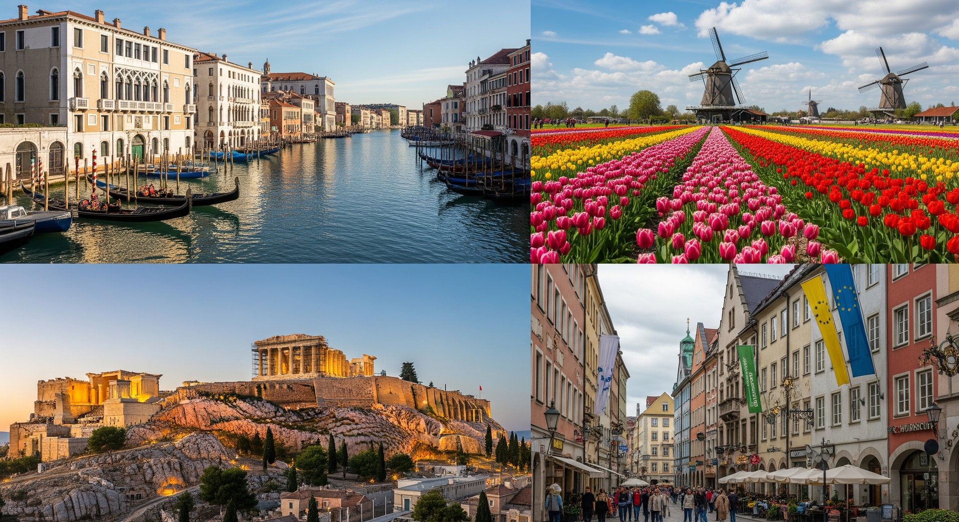 Collage of Venice canals, Amsterdam tulips, Athens Acropolis and Munich streets