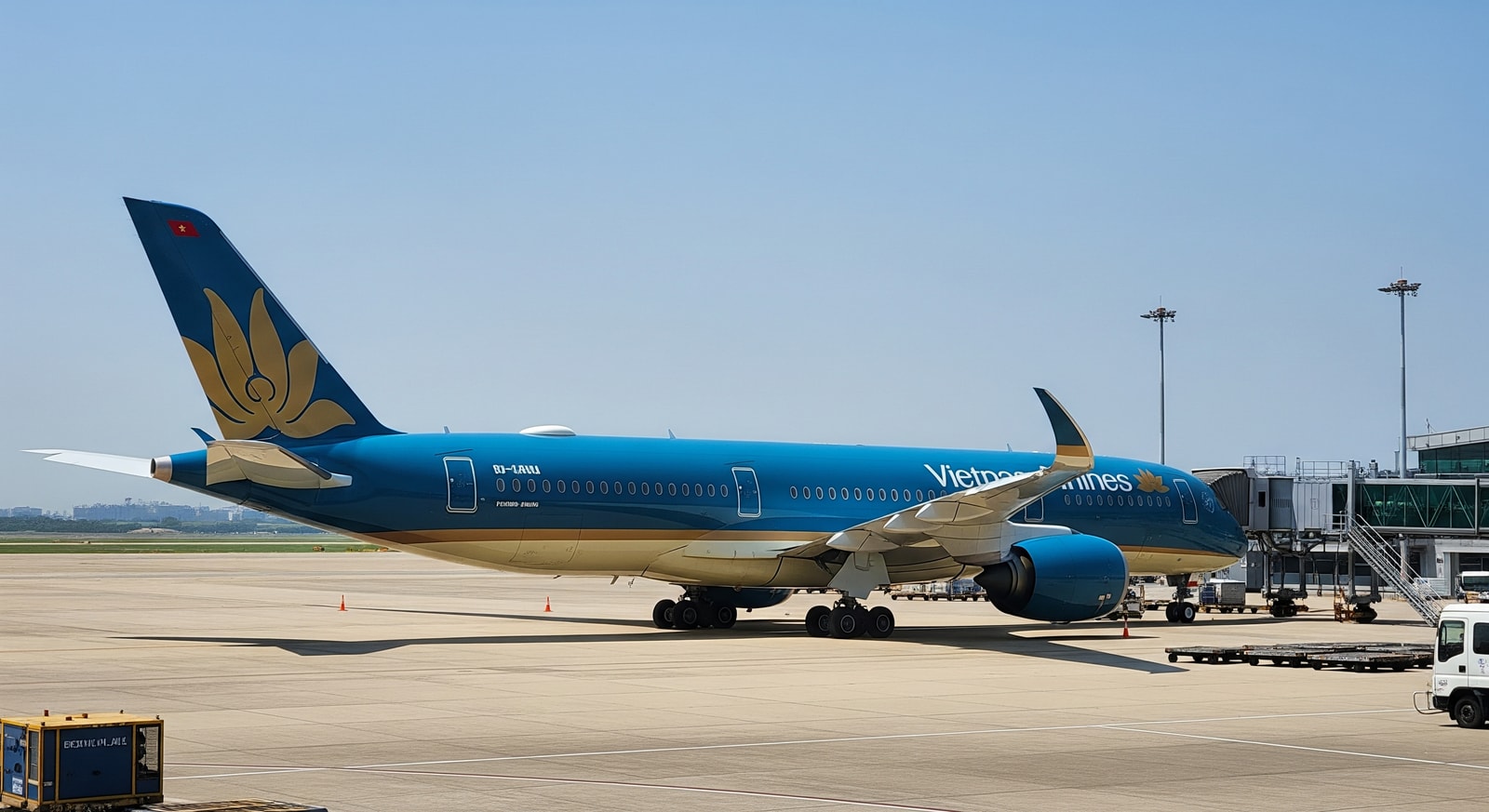 Vietnam Airlines Airbus A350 at an airport gate illustrating the new Hanoi to Amsterdam nonstop service