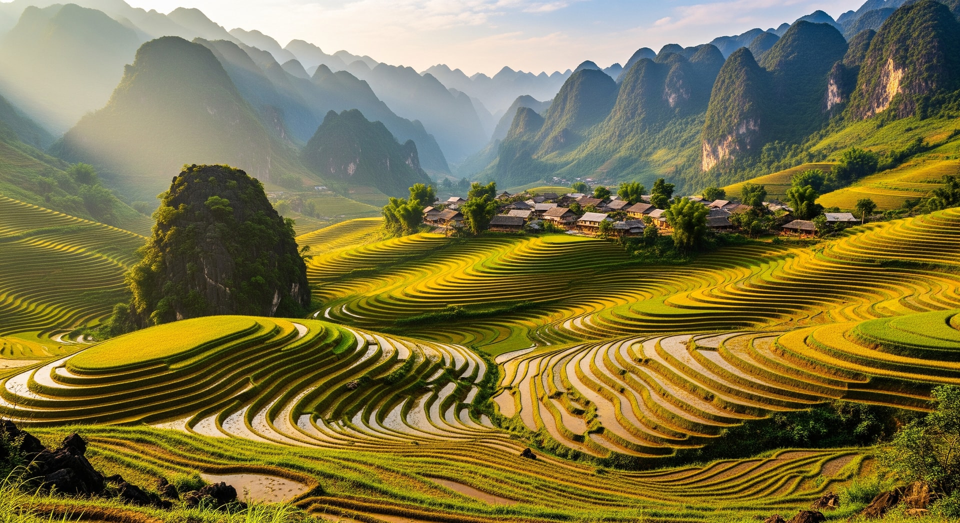 Terraced rice fields and limestone mountains surrounding Lo Lo Chai Village in northern Vietnam