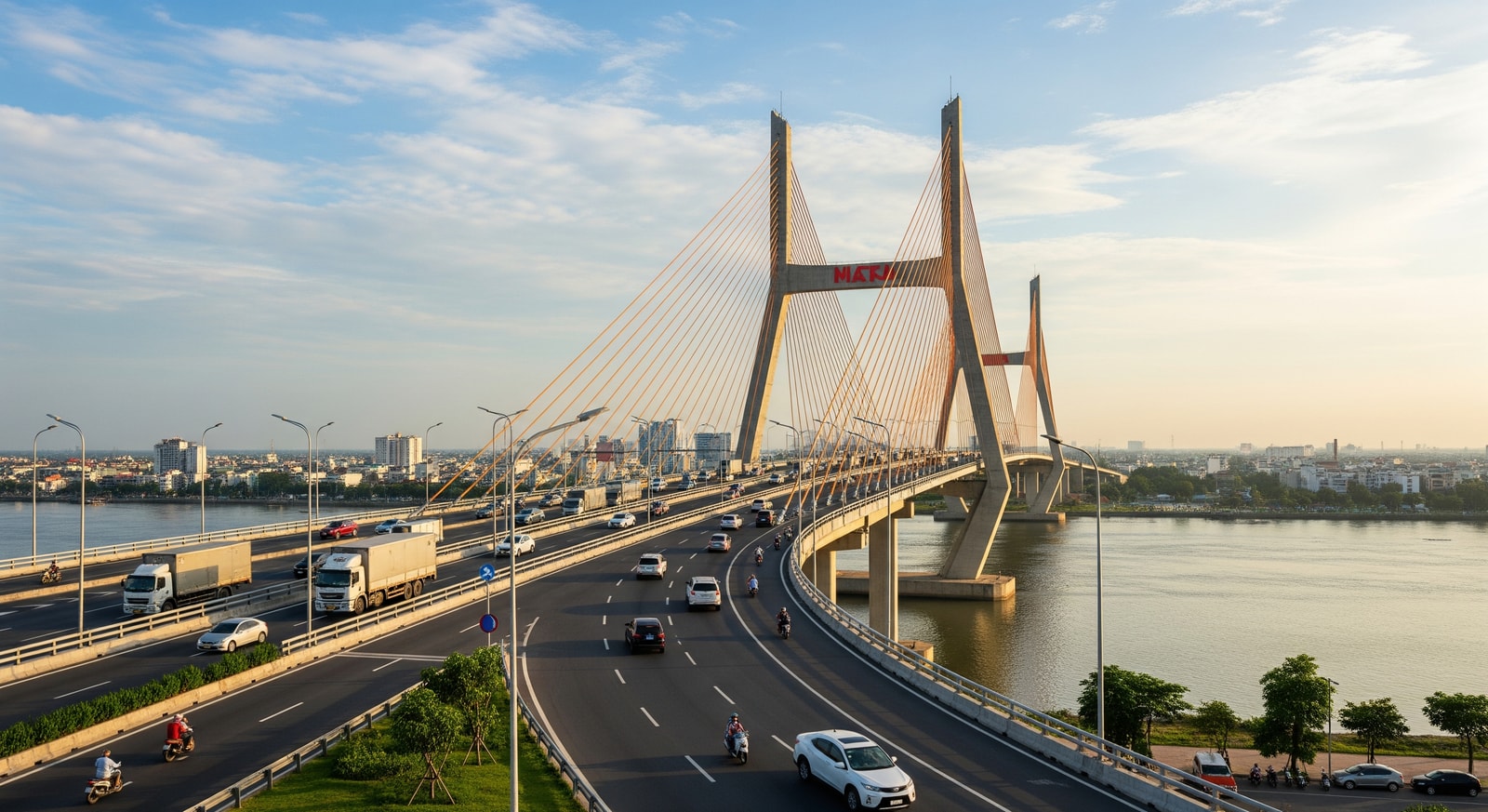 Architectural rendering of Cat Lai Bridge showing pylons and traffic lanes linking Ho Chi Minh City and Dong Nai