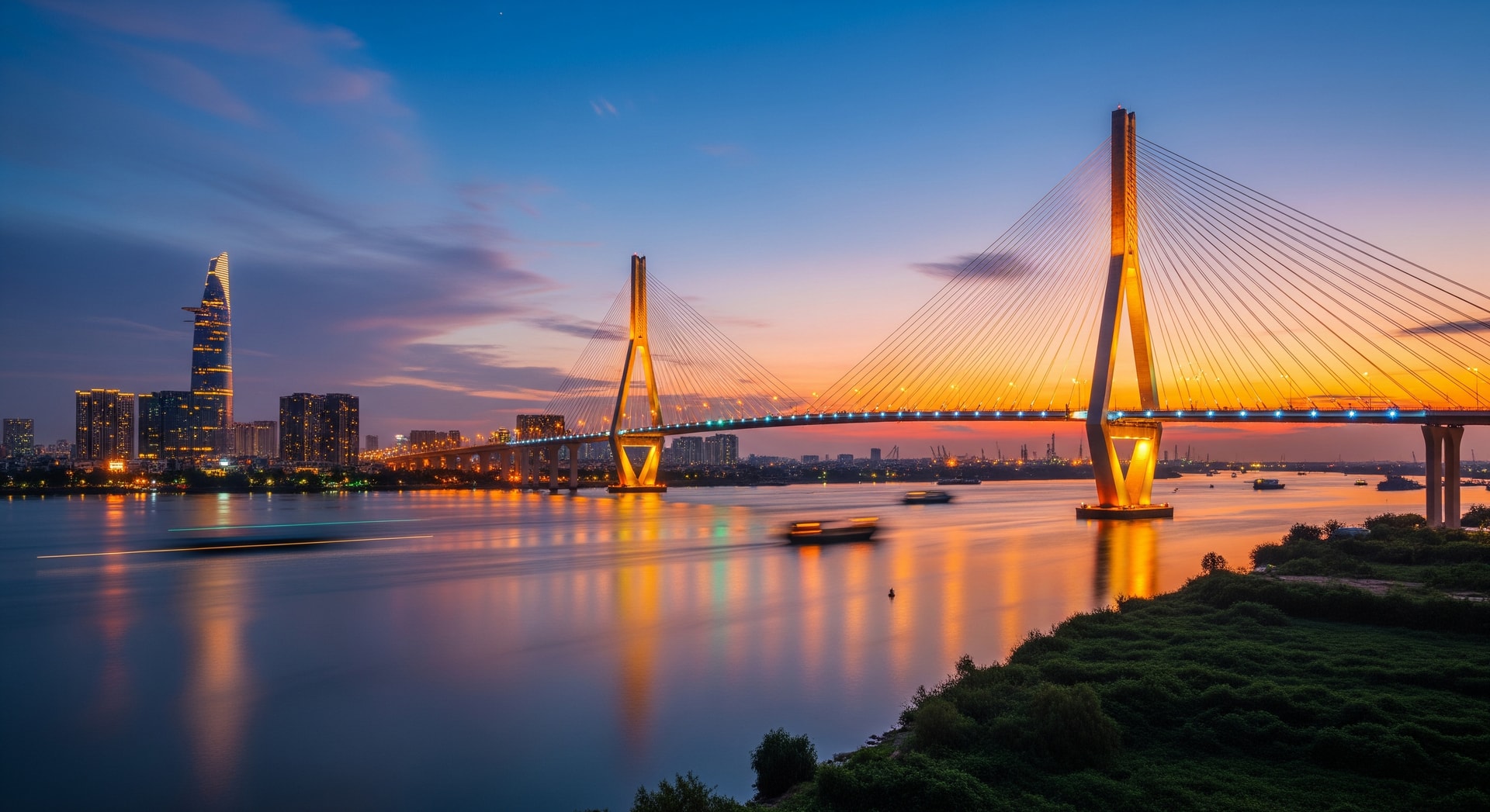 Rendering of Cat Lai Bridge spanning river between Ho Chi Minh City and Dong Nai with illuminated pylons