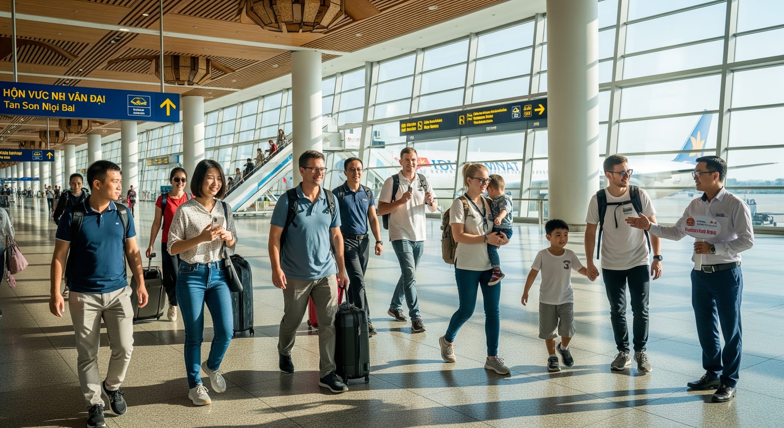 International tourists arriving at a Vietnamese airport, illustrating increased air connectivity and Vietnam tourism growth