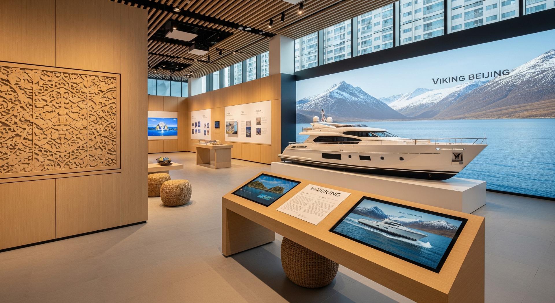 Interior of Viking Beijing brand experience center with Nordic-inspired design and interactive displays