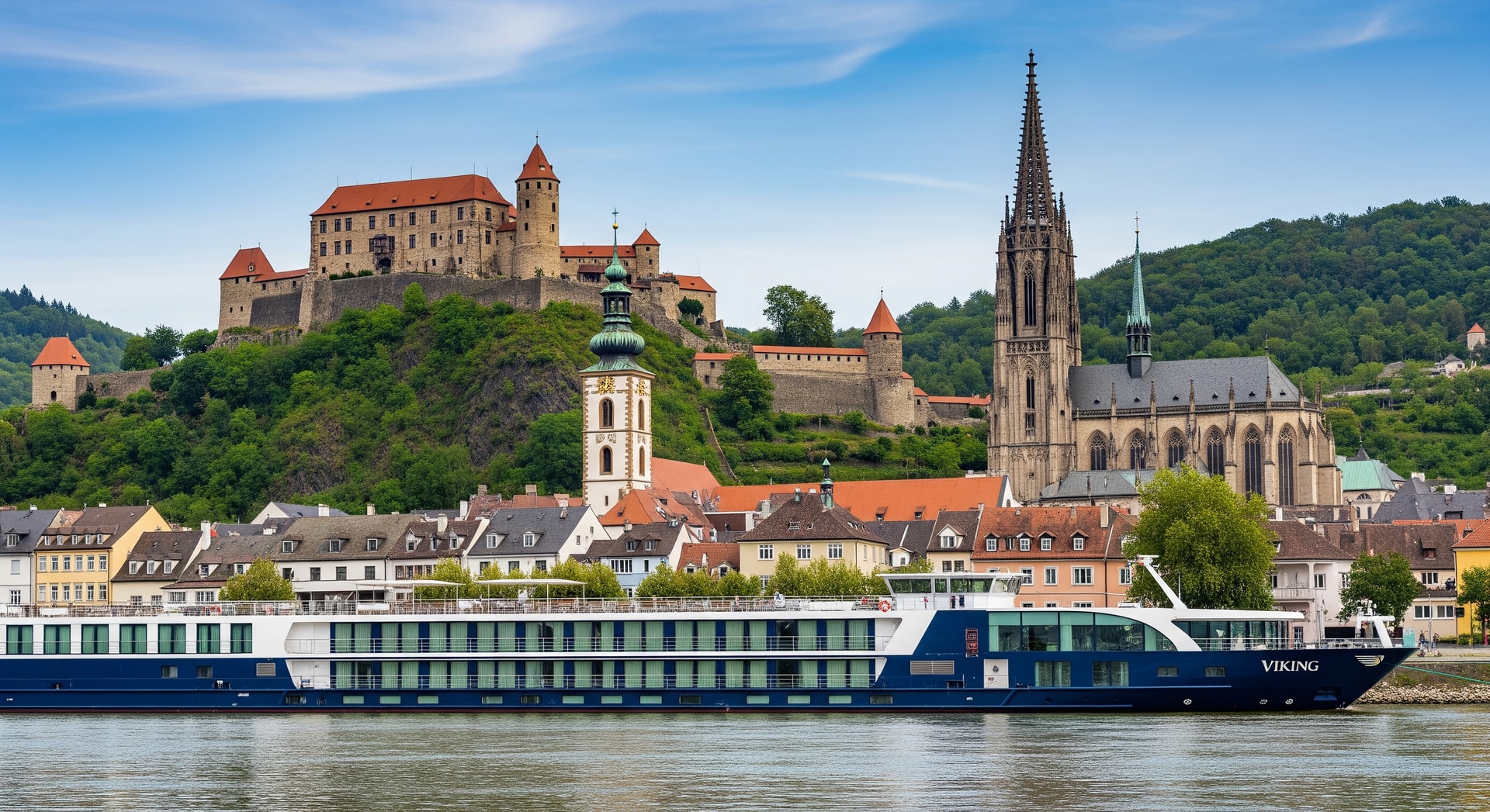 Viking Cruises ship docked at a scenic European river port with cultural landmarks visible
