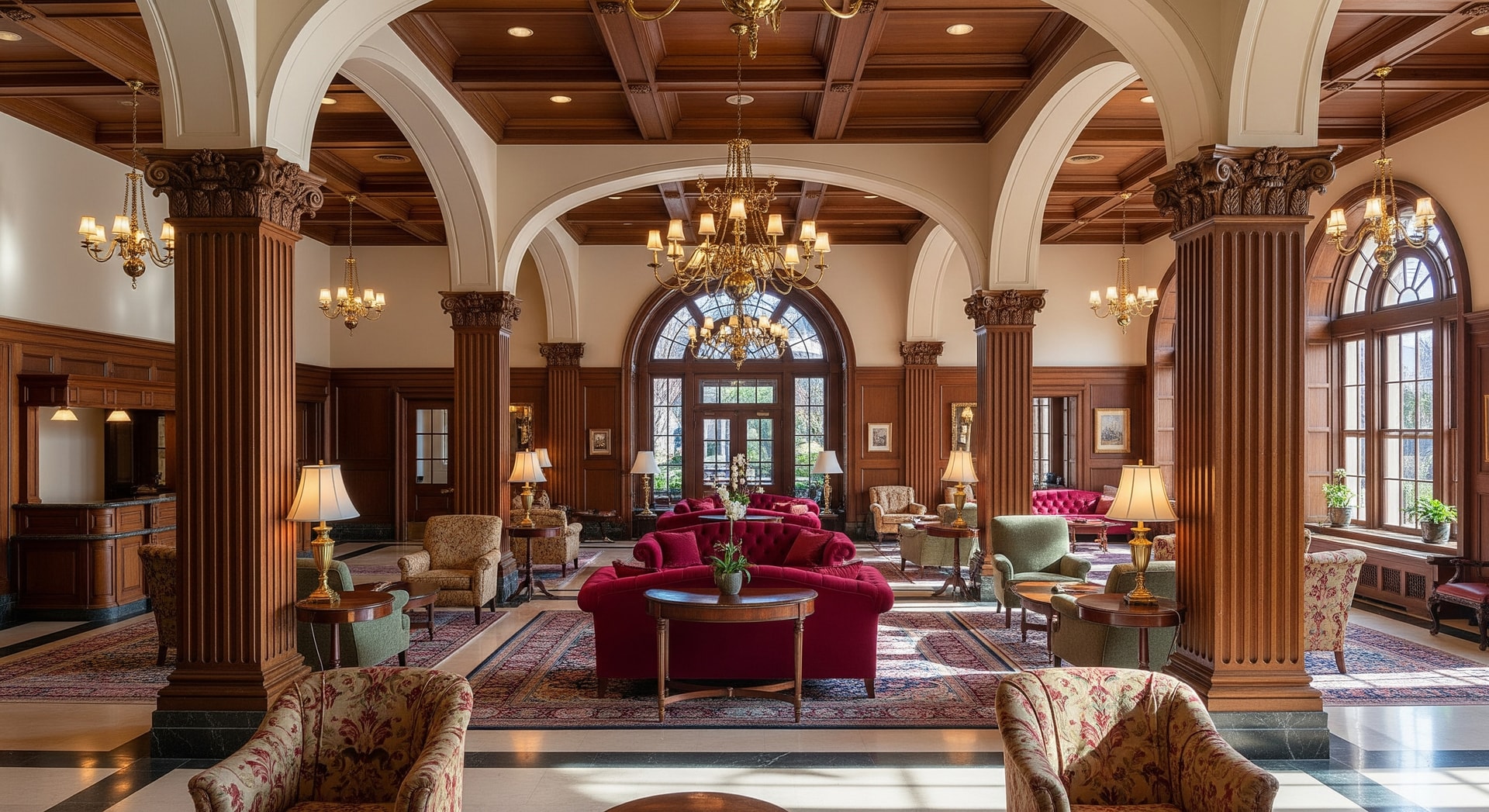 Historic Virginia hotel lobby with polished brass details and luxurious seating
