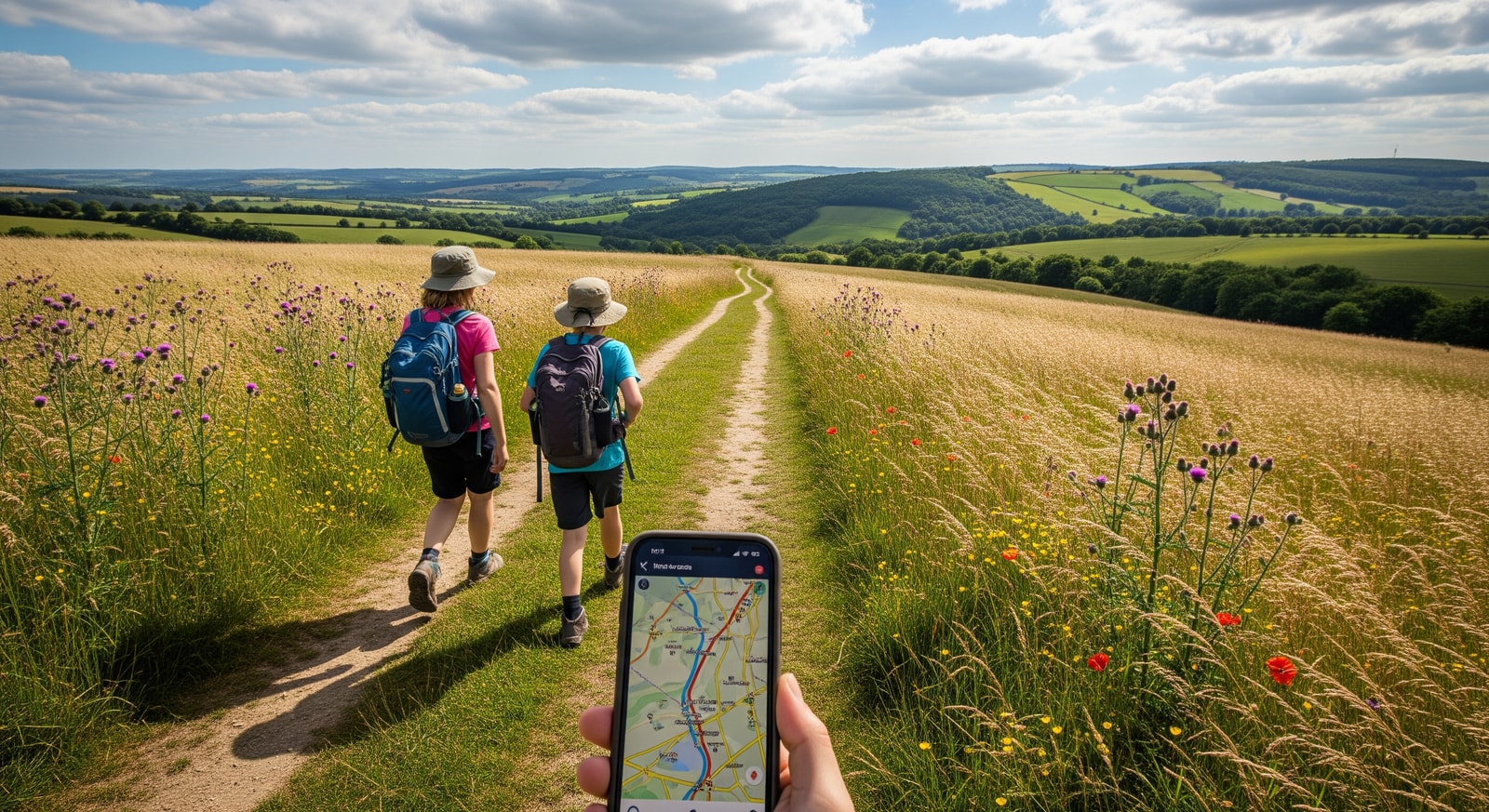 Hikers using a mobile map on a rural Herefordshire trail