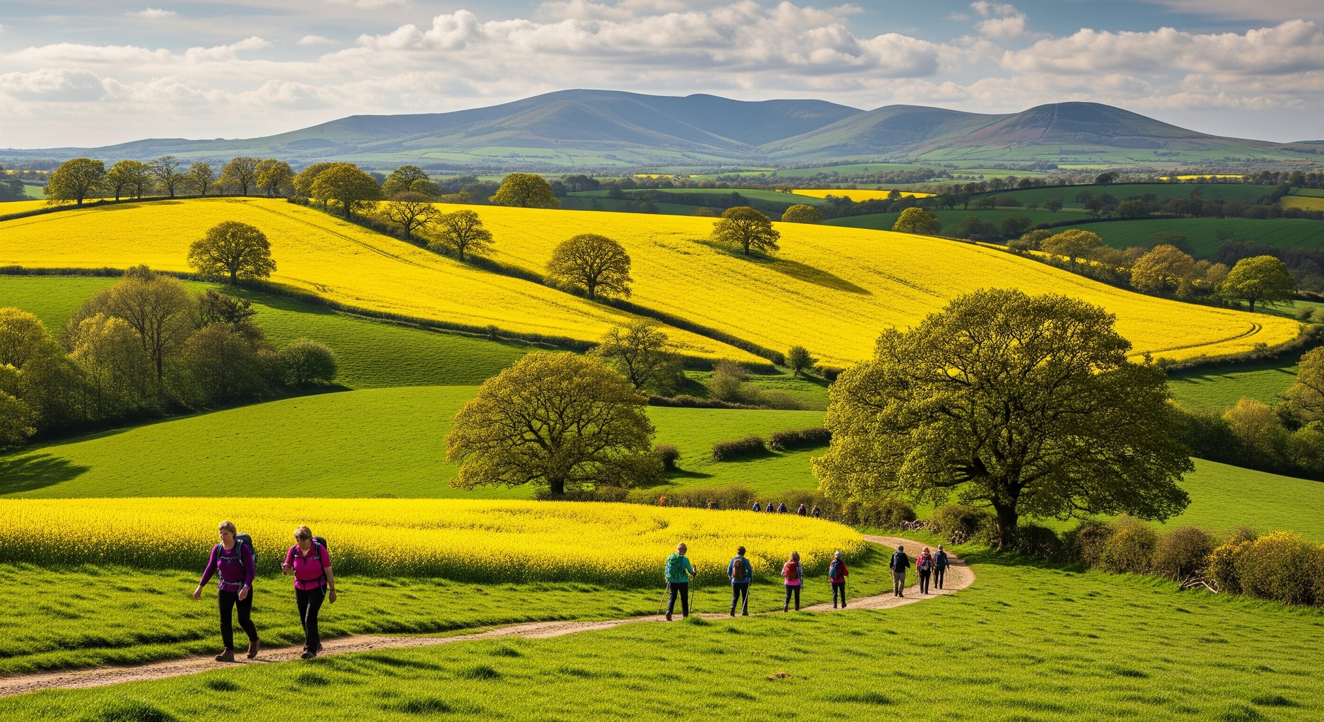 Walkers following a mapped trail through Herefordshire countryside