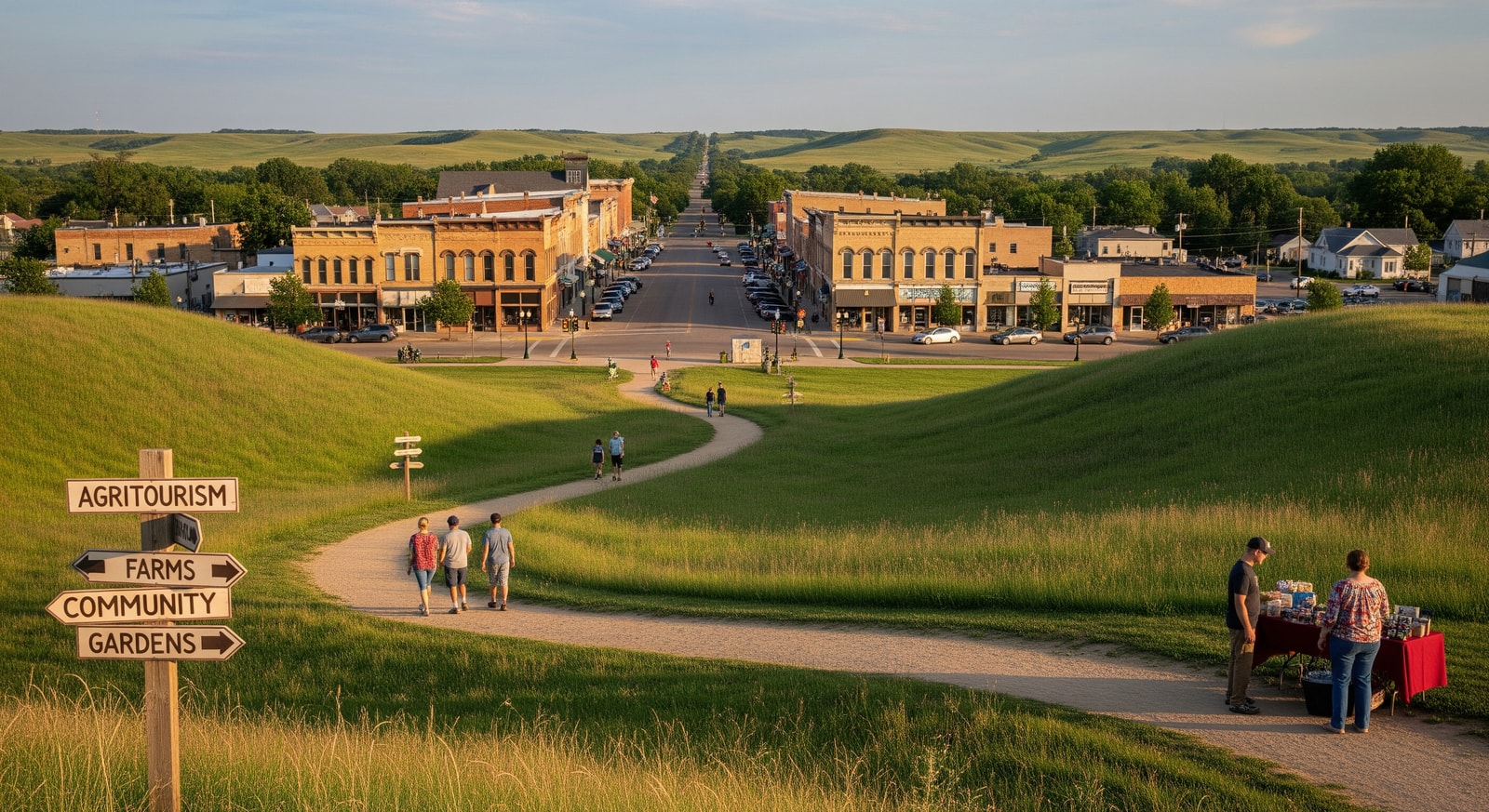 Scenic Nebraska landscape with small-town main street and a trail representing agritourism and community