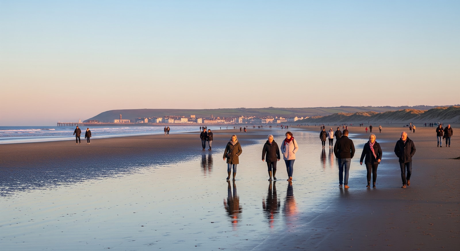 Coastal town and sandy beach on the North West coast of England with visitors walking along the shore