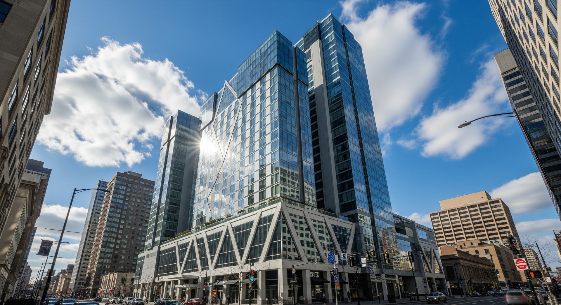 Exterior view of a modern high-rise hotel in Center City Philadelphia