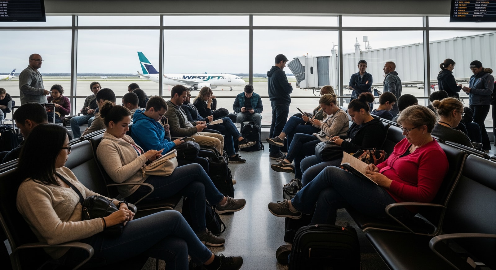 Passengers waiting at an airport gate during WestJet flight disruptions