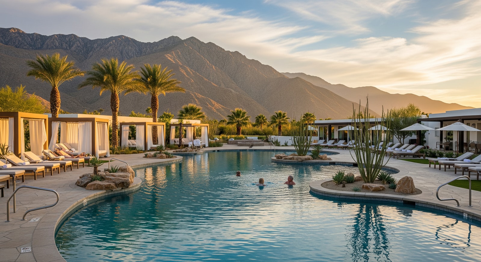 Desert resort pool with mountain views representing Coachella Valley wellness and Baja beaches