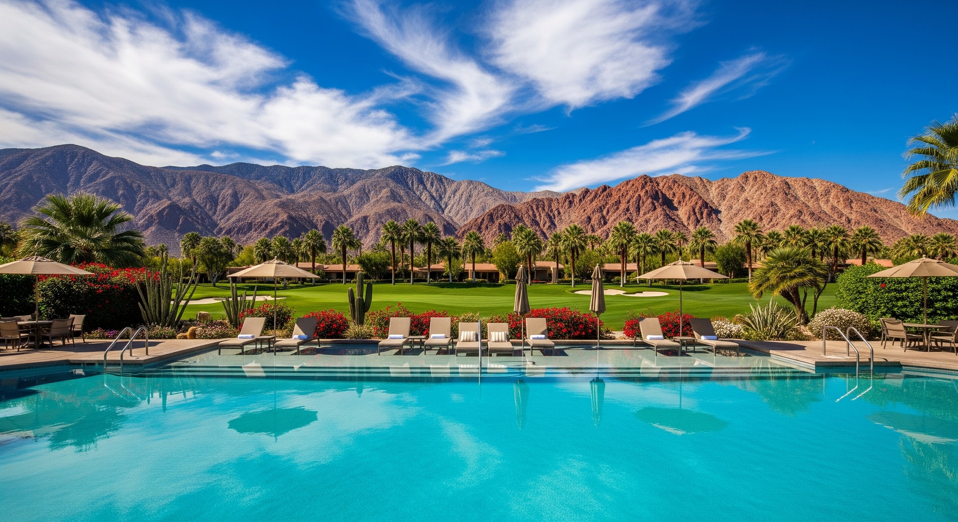Desert resort pool with mountain backdrop, representing Coachella Valley and Baja travel destinations