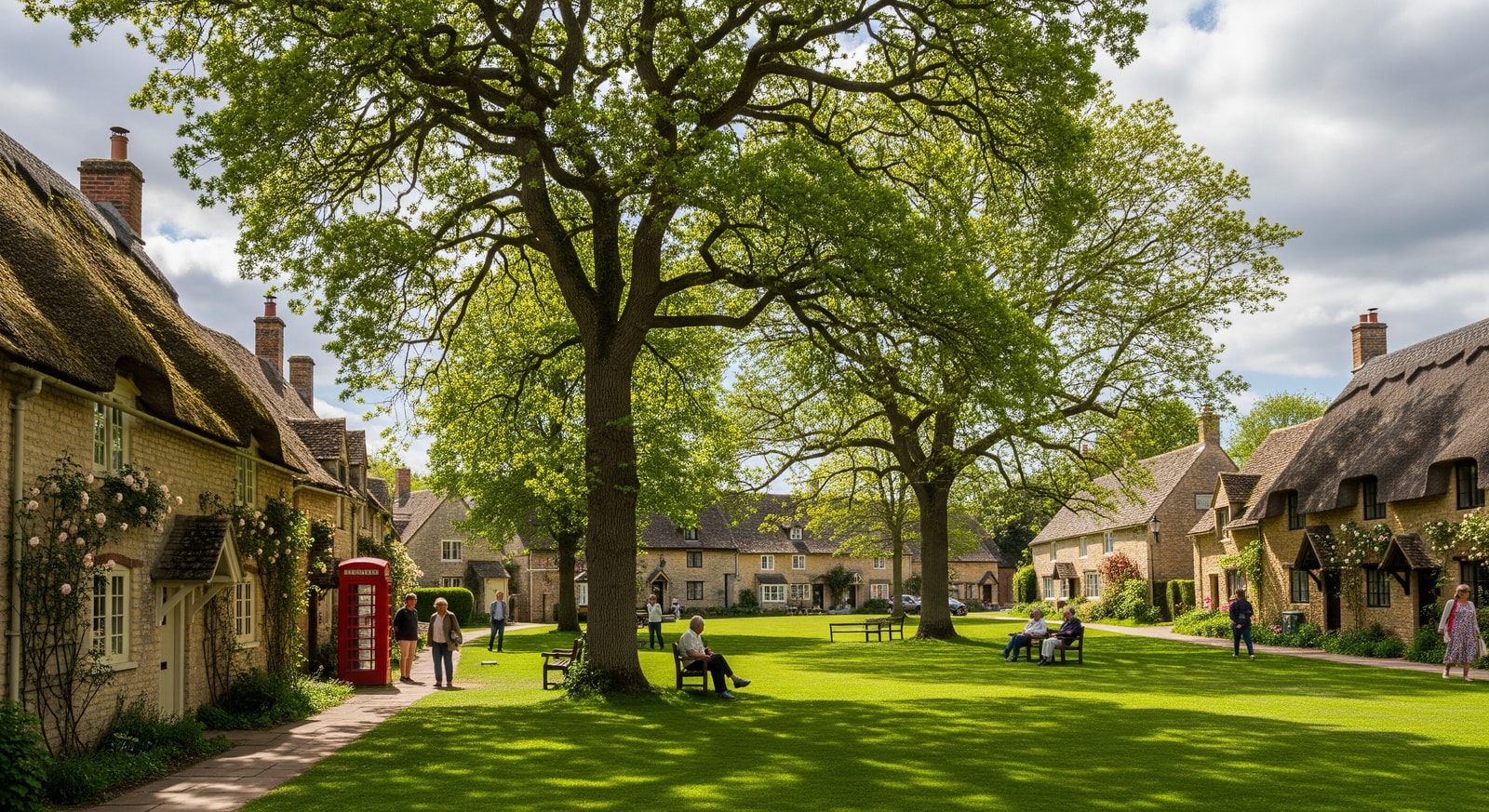 Stone cottages and village green in Hambleden, Buckinghamshire, a popular film location and country escape