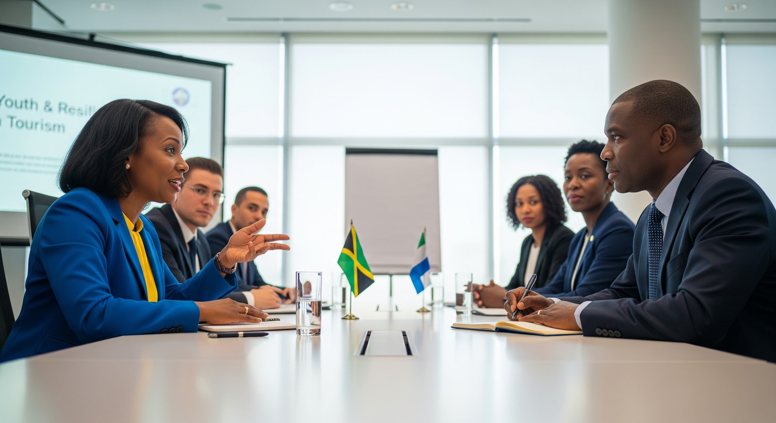 Delegates from Jamaica and Sierra Leone at a tourism ministry meeting discussing youth and resilience programs