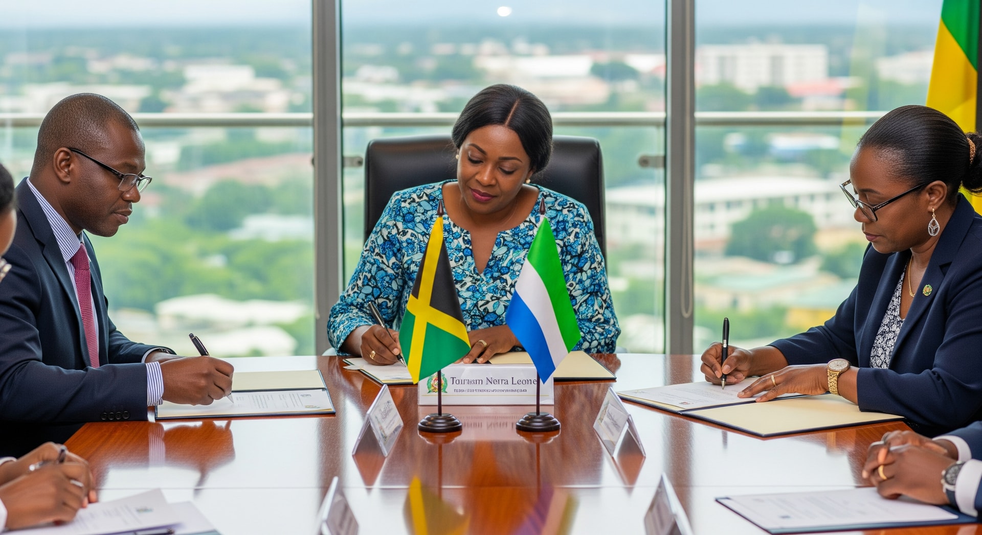 Delegation from Jamaica and Sierra Leone signing tourism cooperation agreement in New Kingston