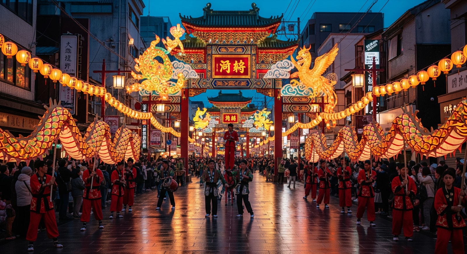 Lanterns and performers along a street in Nagasaki during the Lantern Festival, showing illuminated displays in Shinchi Chinatown