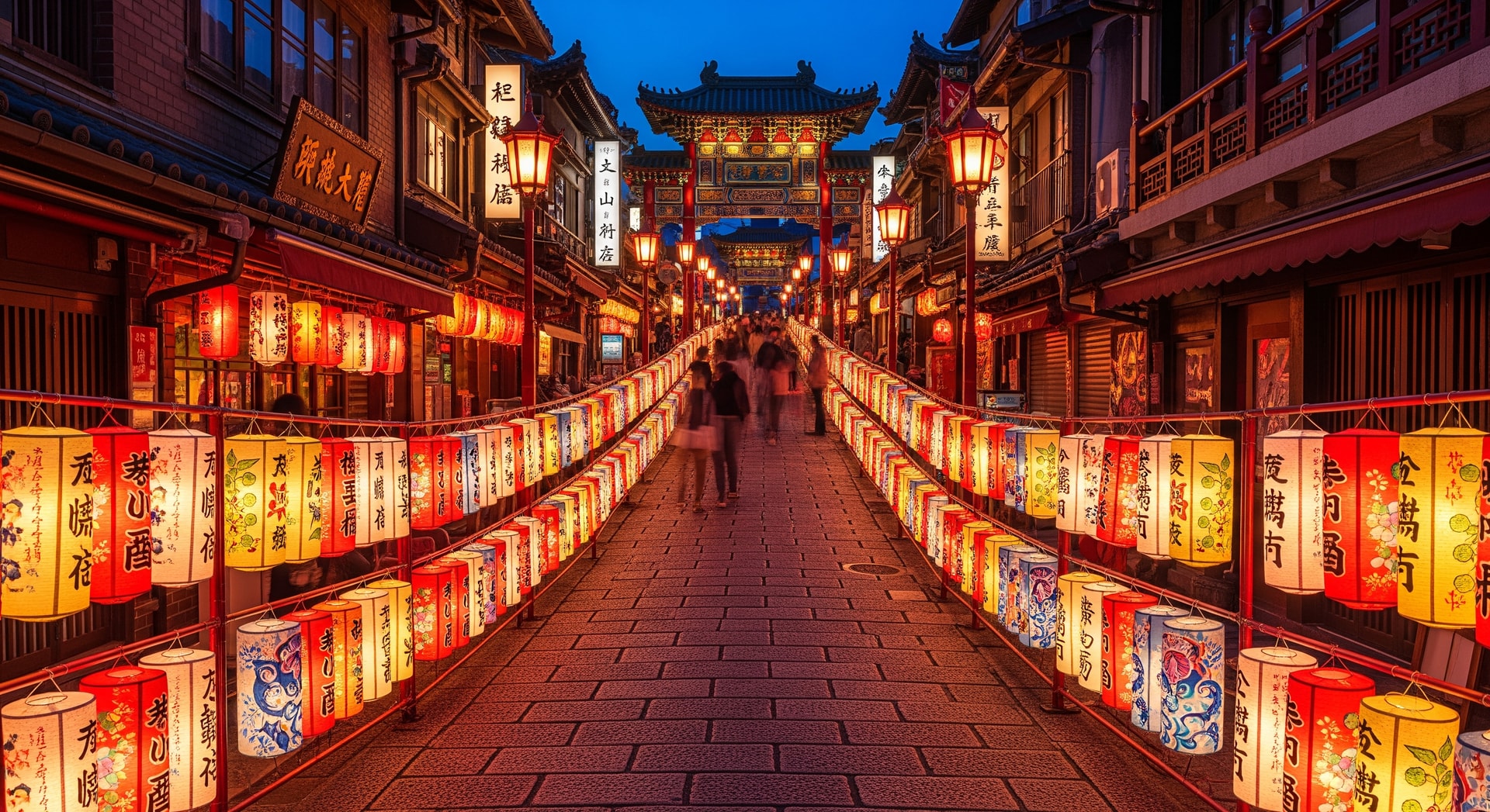 Lanterns illuminating a street in Nagasaki's Shinchi Chinatown during the Lantern Festival