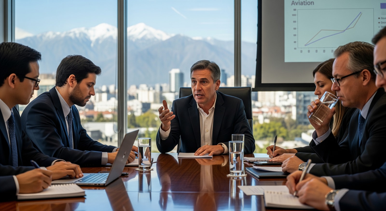 Delegates at an aviation conference in Santiago discussing regional connectivity and sustainability